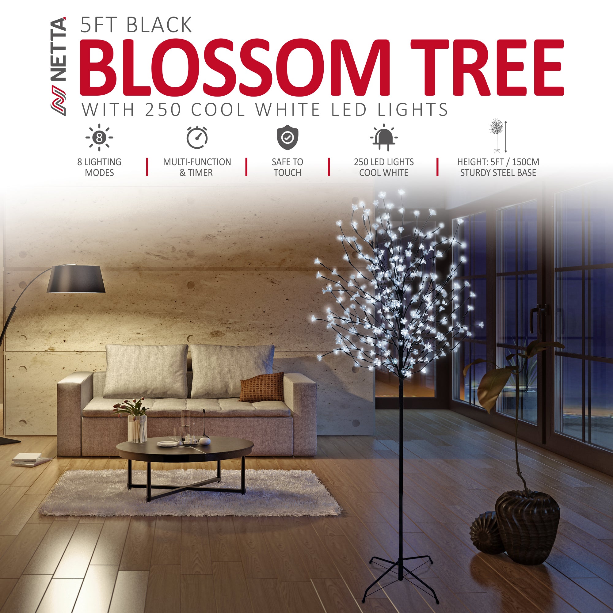 NETTA 5FT LED Cherry Blossom Tree, 250 Pre-Lit Lights, Auto-Off Timer and 8 Lighting Modes, 3M Power Cable, Suitable for Indoor and Outdoor Use - Cool White