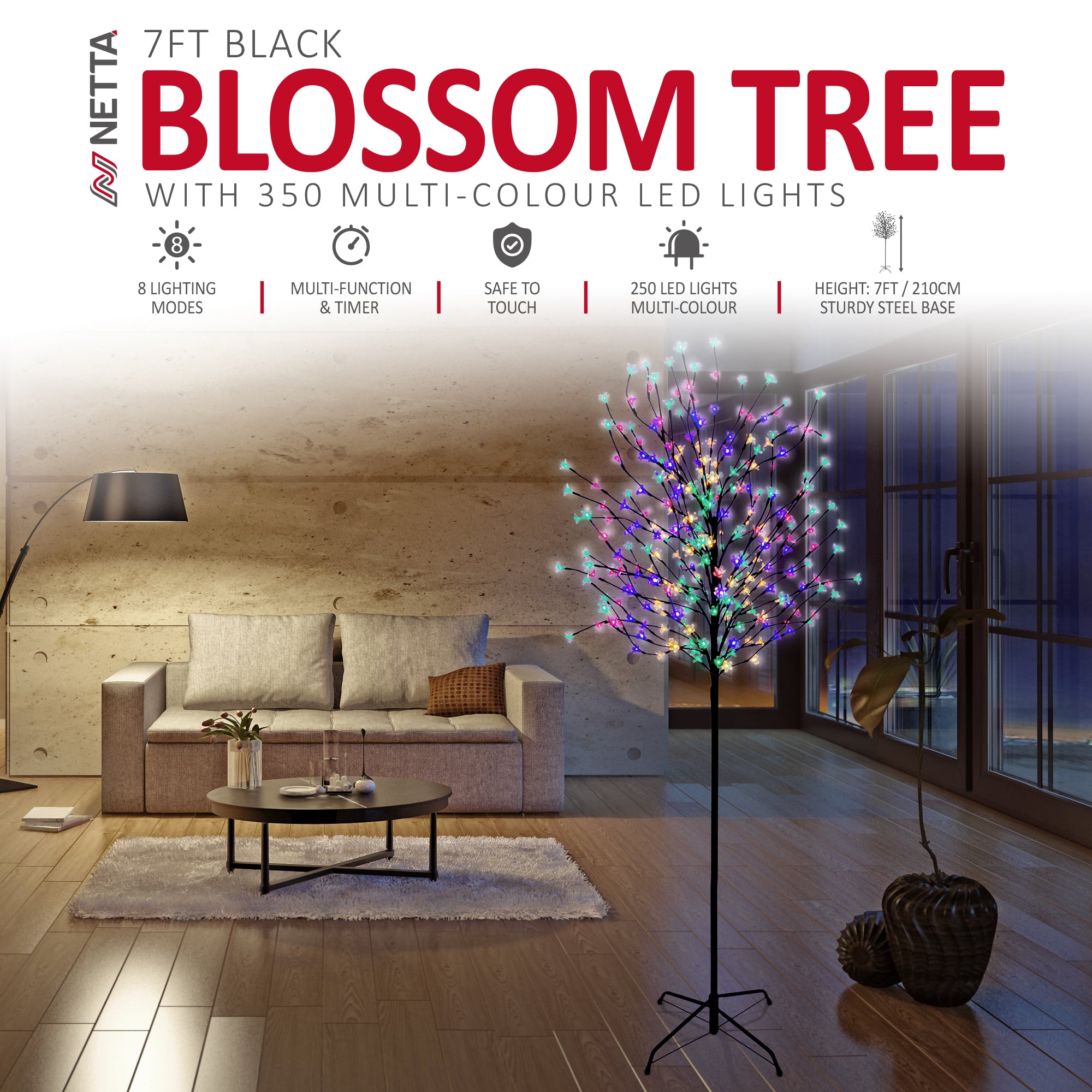 NETTA 7FT LED Cherry Blossom Tree, Pre-Lit 350 Lights, Auto-Off Timer and 8 Lighting Modes, 3M Power Cable, Suitable for Indoor and Outdoor Use - Multi-Colour