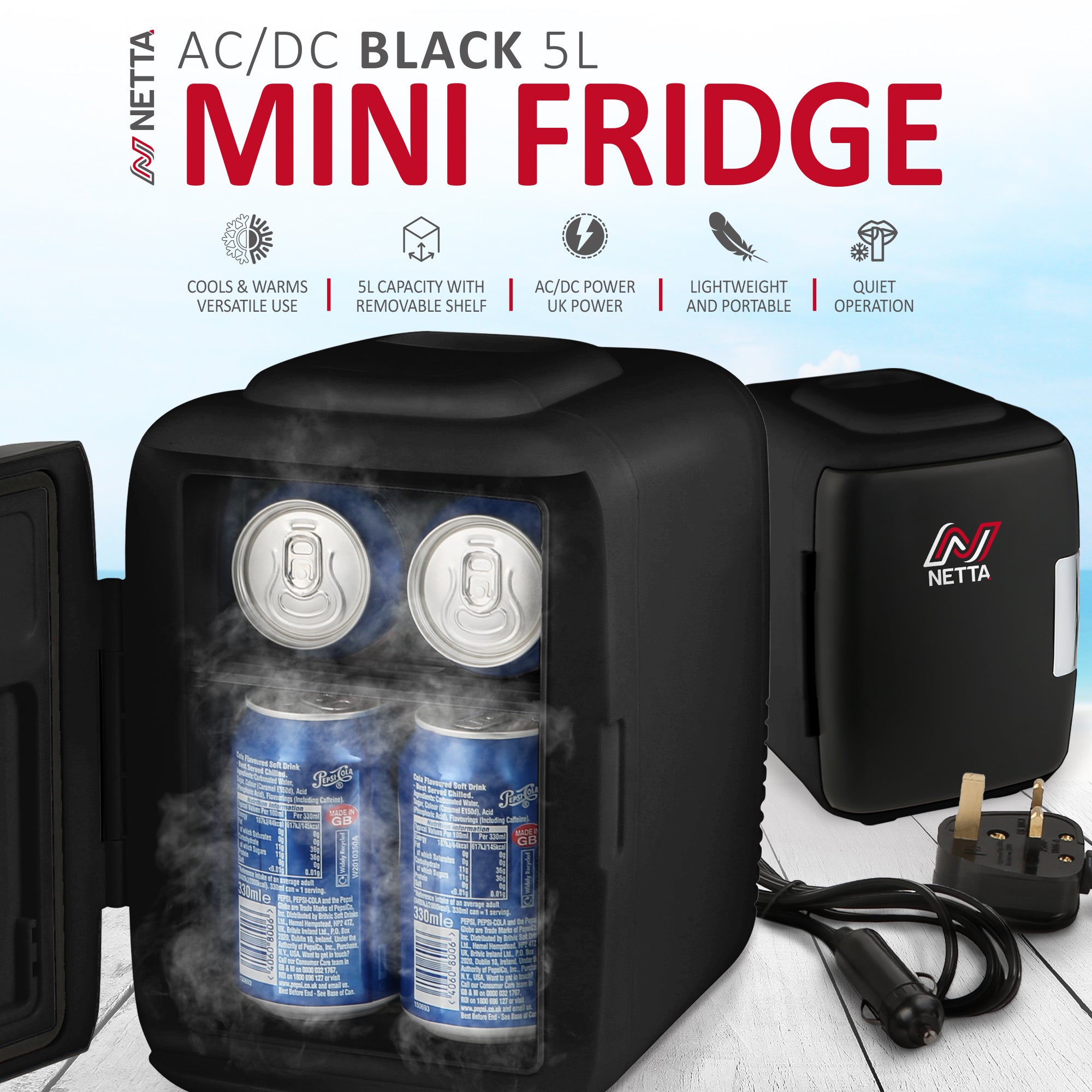 NETTA 5L Mini Fridge with 12V Car Socket and UK Main Plug - Black