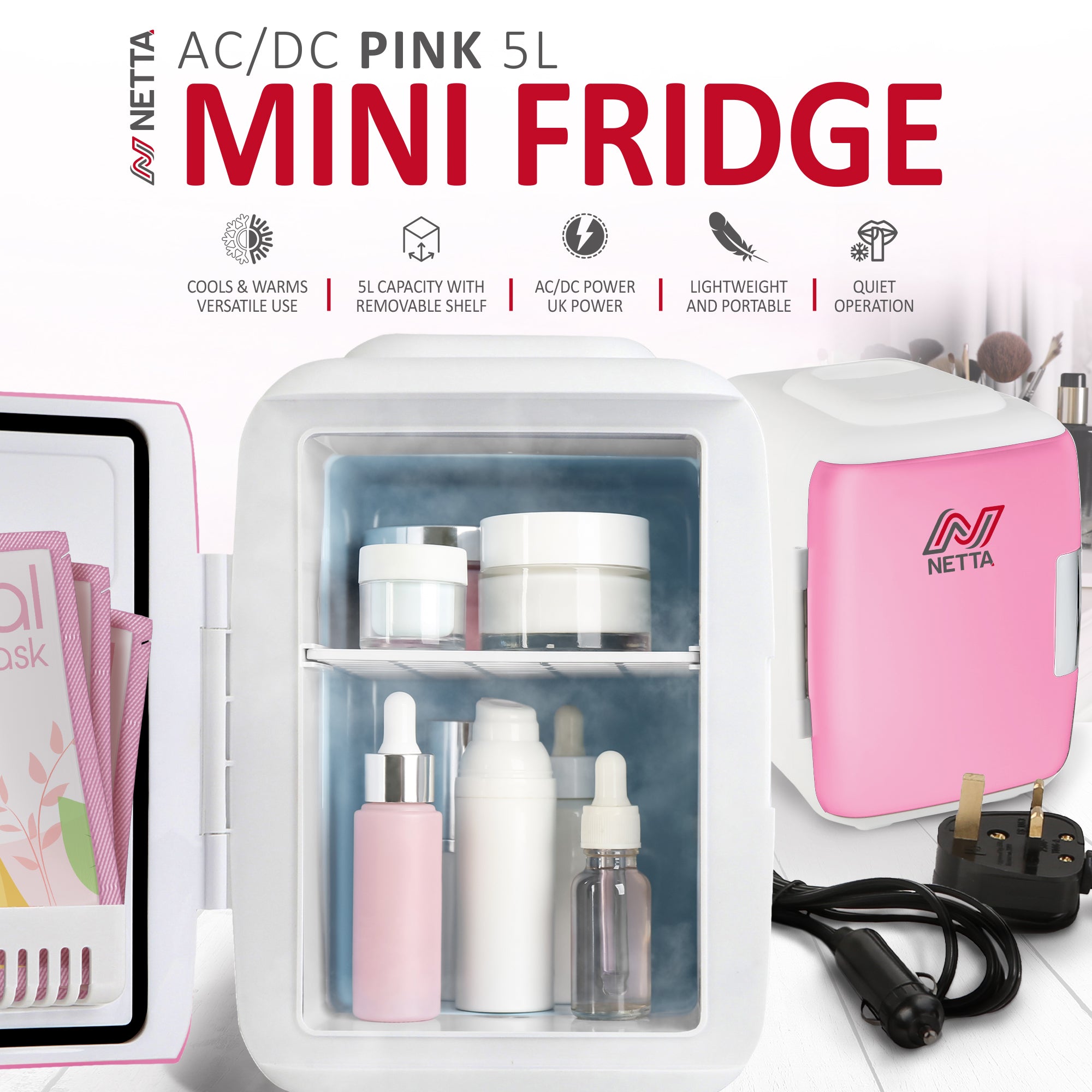 NETTA 5L Mini Fridge with 12V Car Socket and UK Main Plug - Pink