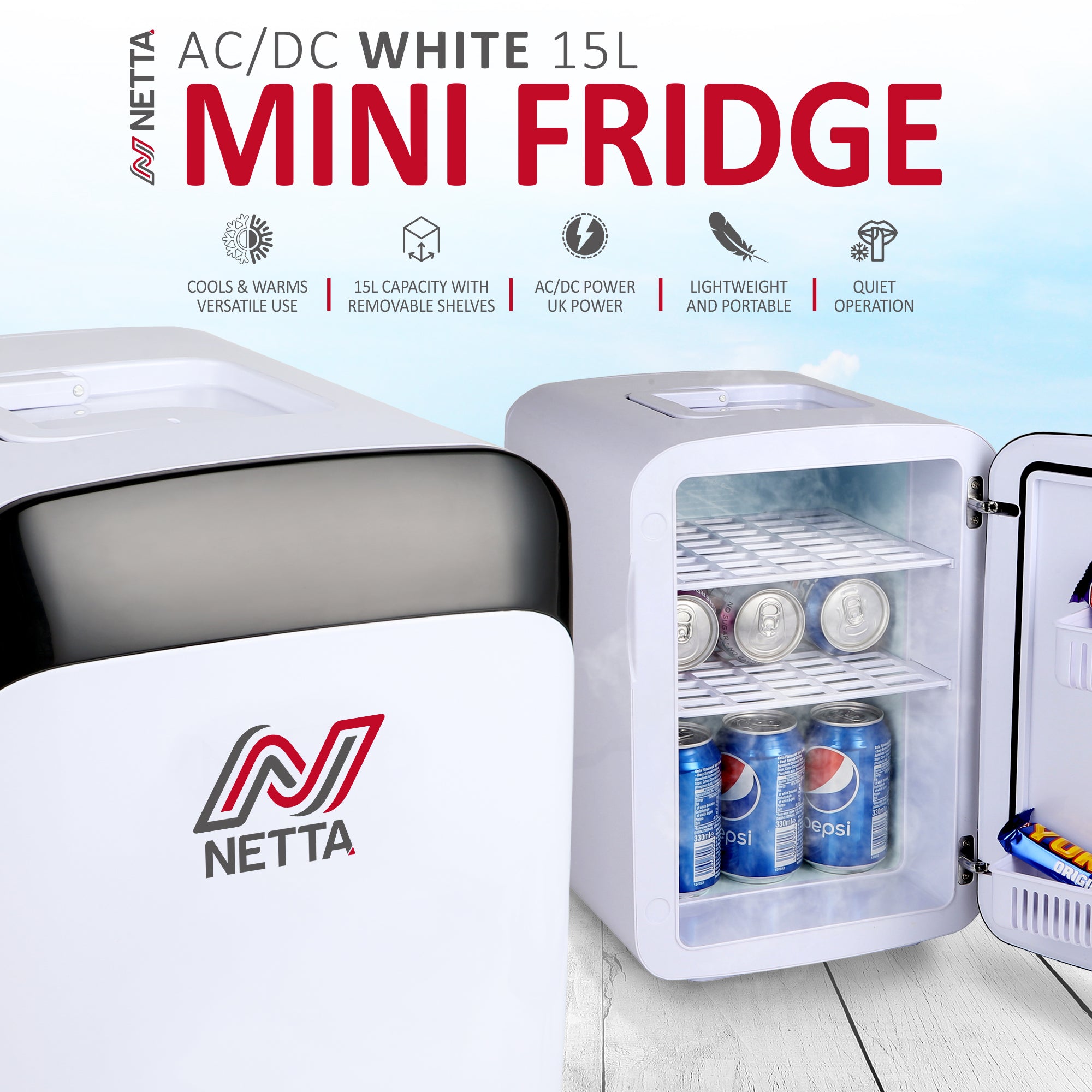 NETTA 15L Mini Fridge with 12V Car Socket and UK Main Plug - Black & White