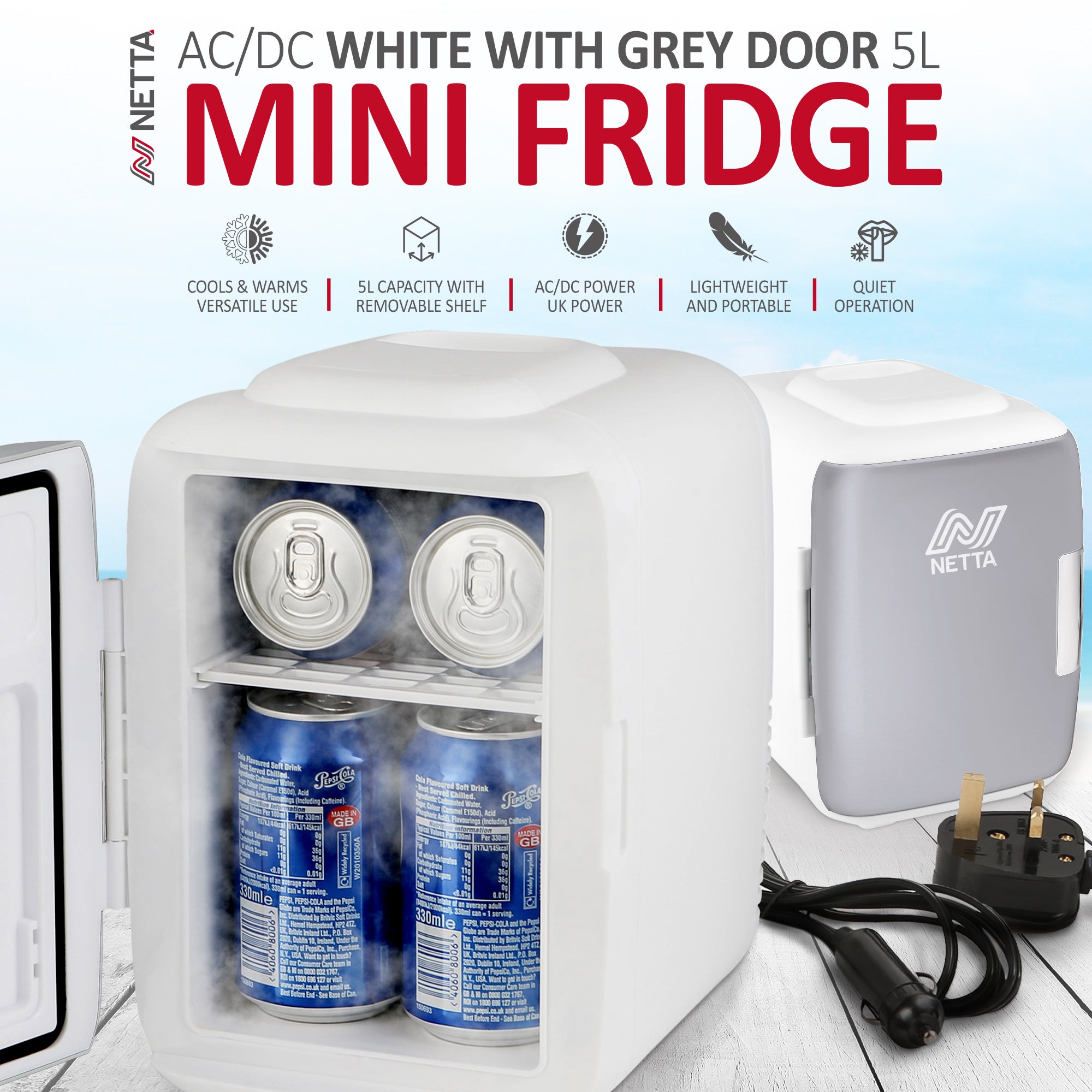 NETTA 5L Mini Fridge with 12V Car Socket and UK Main Plug