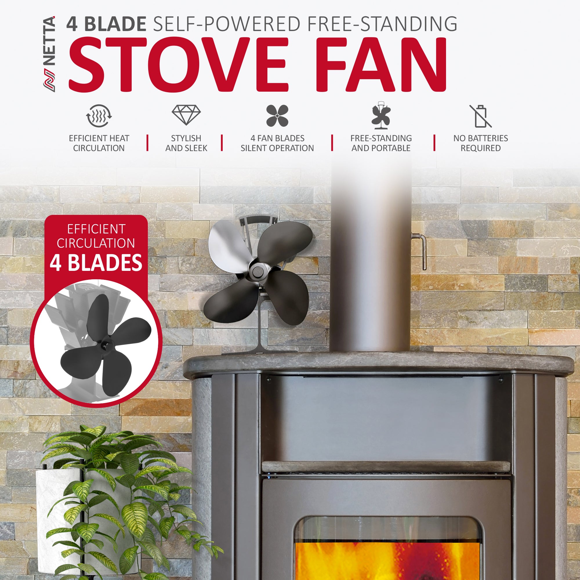 NETTA 4 Blade Heat-Powered Stove Fan - Black