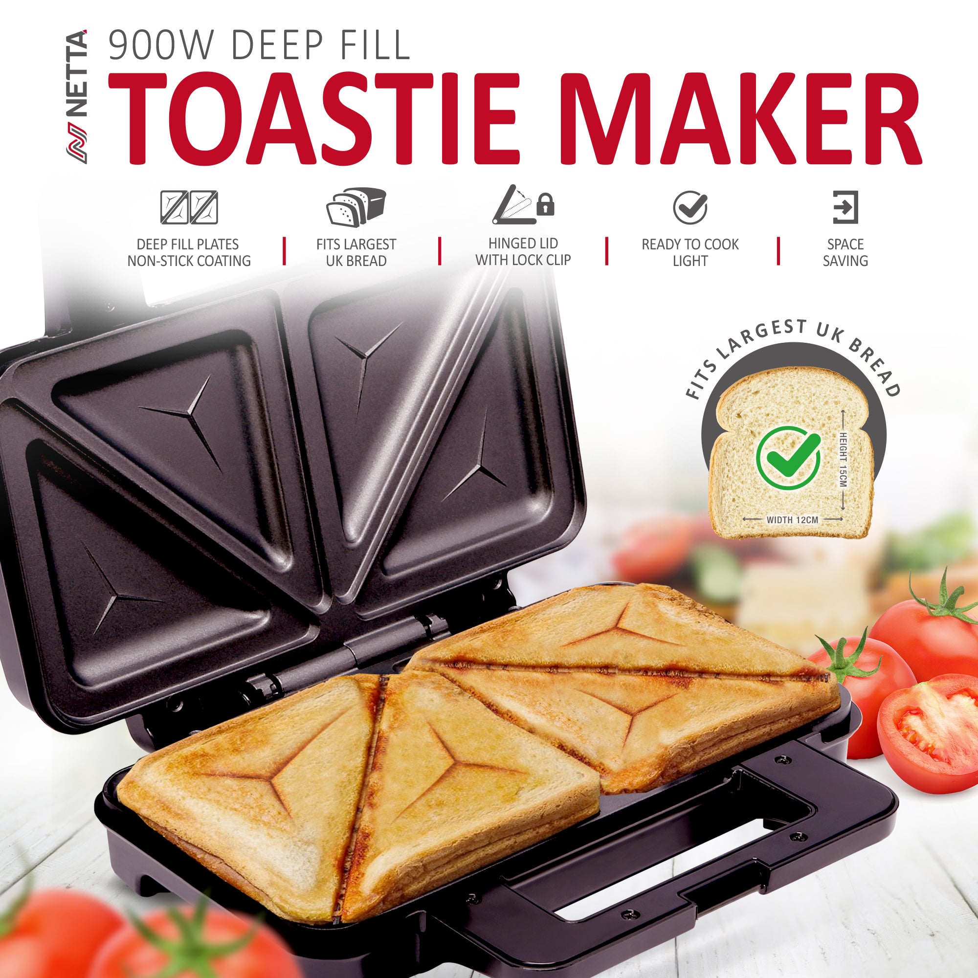 NETTA 900W 2 Slice Deep-Filling Sandwich Toastie Maker