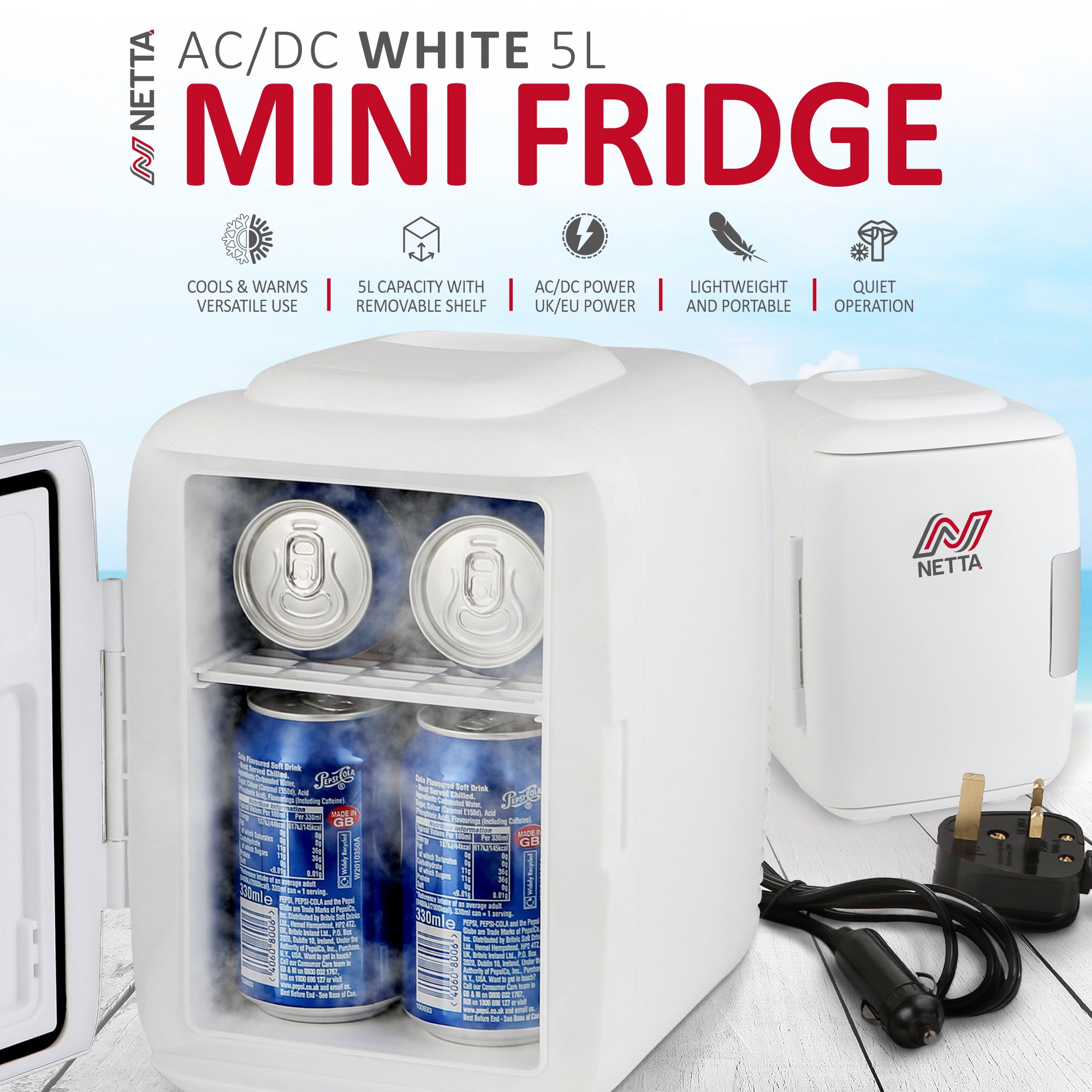 NETTA 5L Mini Fridge with 12V Car Socket and UK Main Plug - White