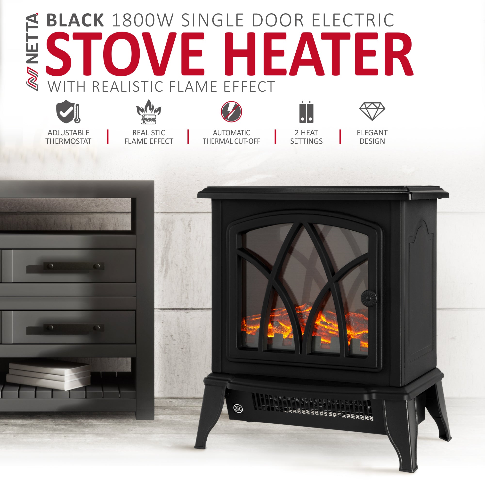 NETTA Electric Stove Heater Fireplace Fire Log Effect 1600-1800W - Black