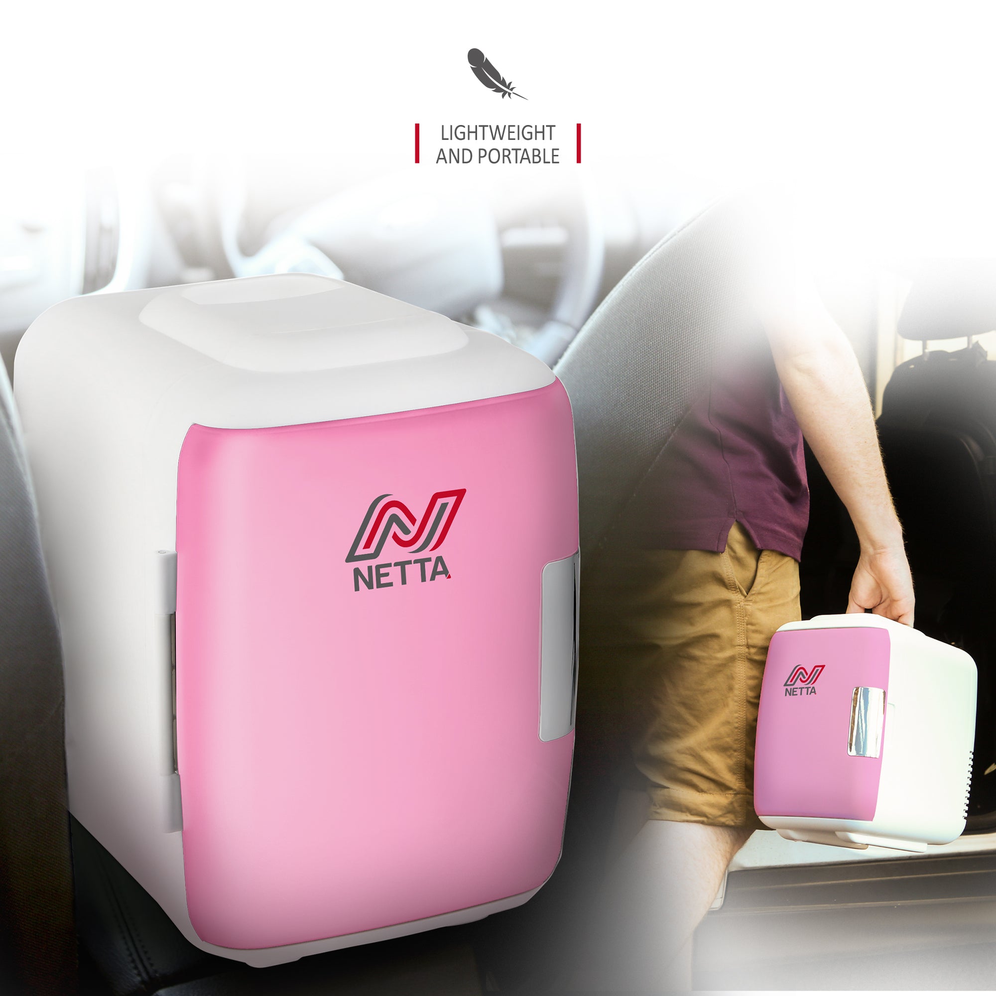 NETTA 5L Mini Fridge with 12V Car Socket and UK Main Plug - Pink