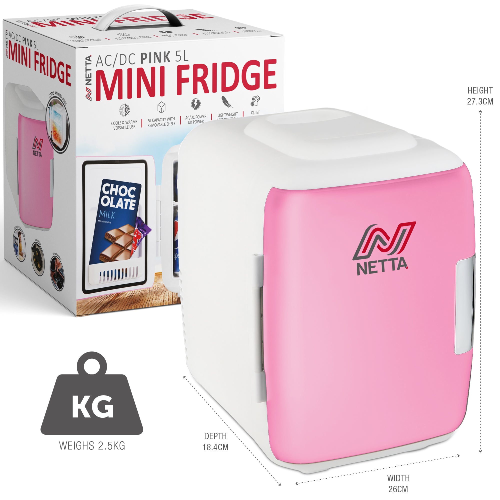 NETTA 5L Mini Fridge with 12V Car Socket and UK Main Plug - Pink