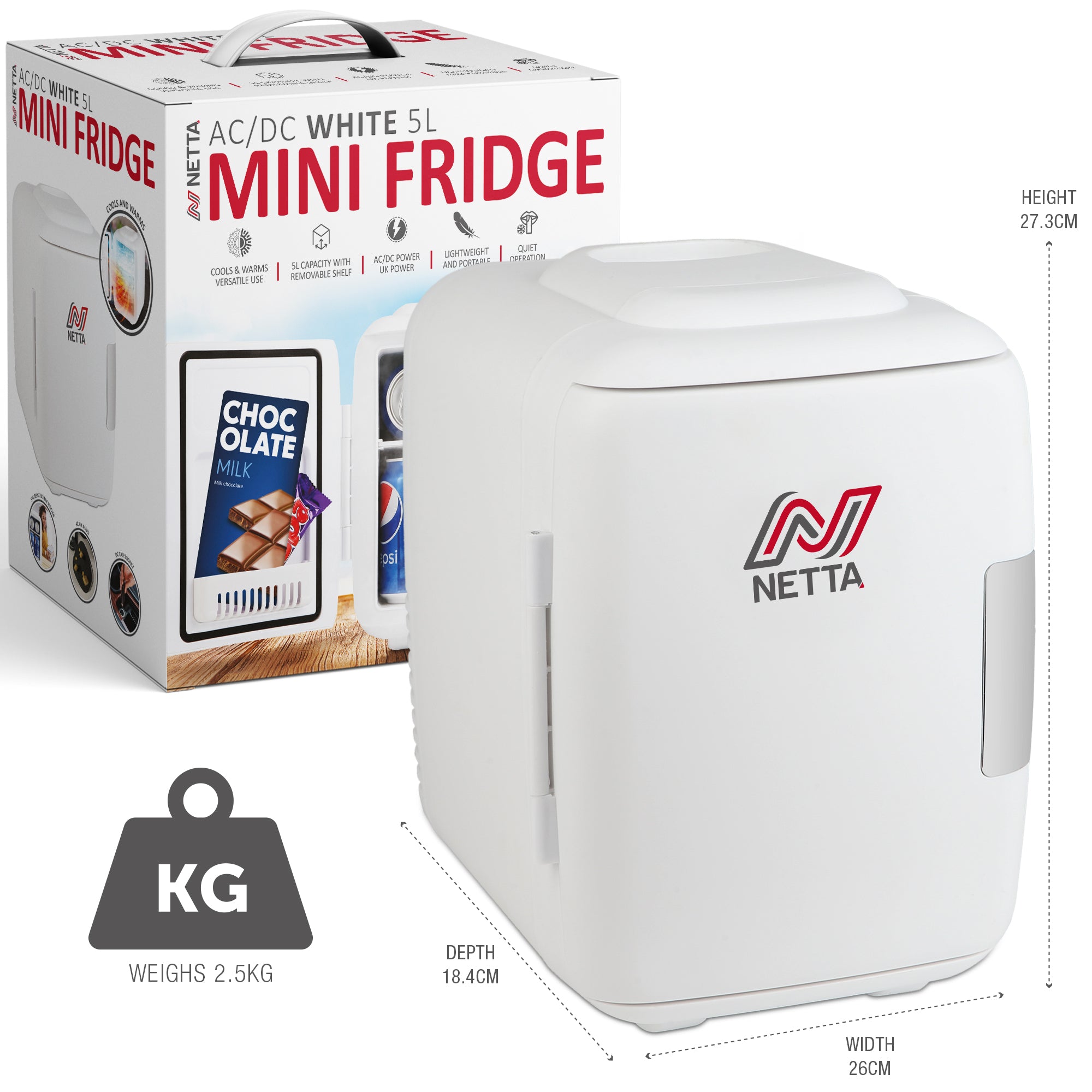 NETTA 5L Mini Fridge with 12V Car Socket and UK Main Plug