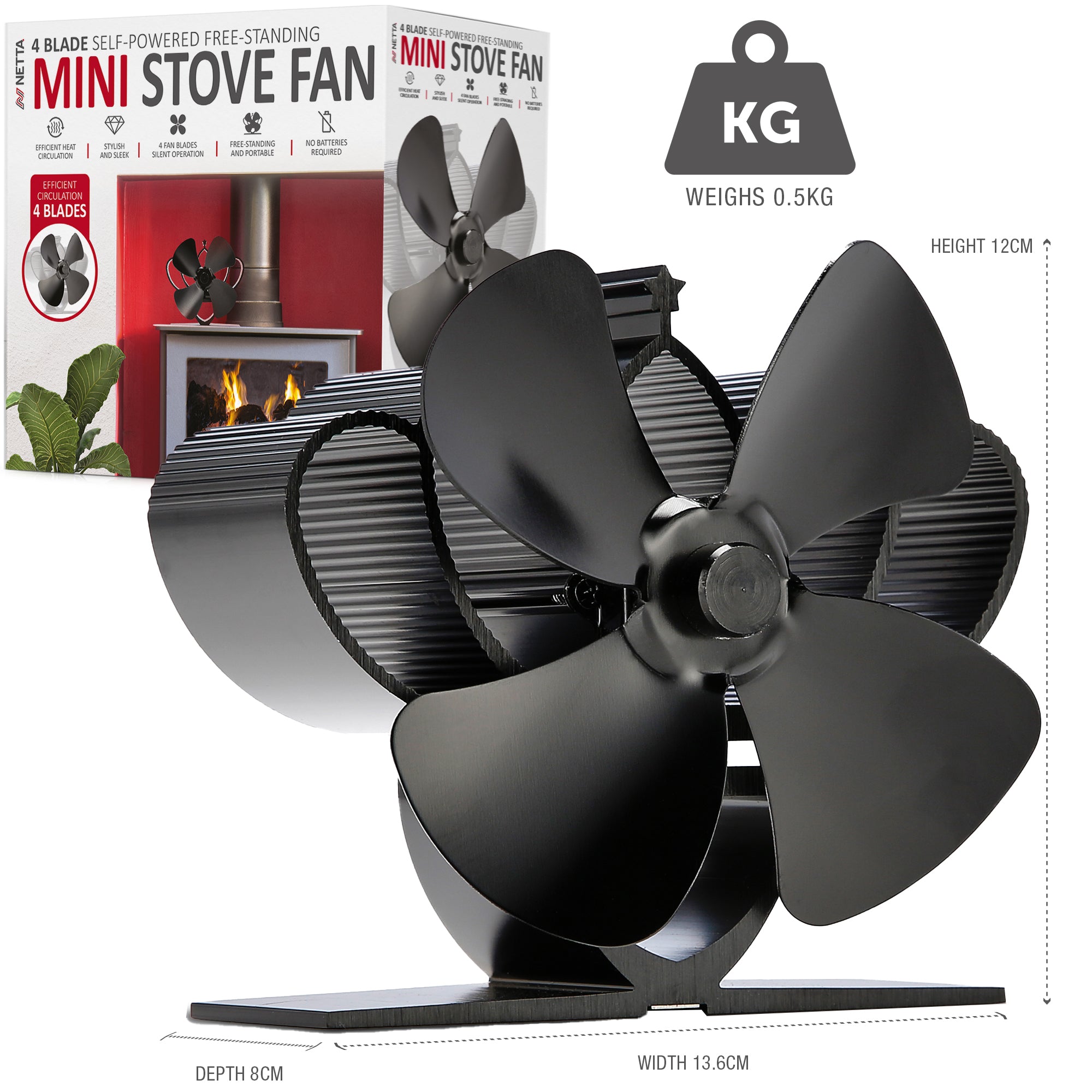 NETTA Mini 4 Blade Heat-Powered Stove Fan - 13cm suitable for Small Gap