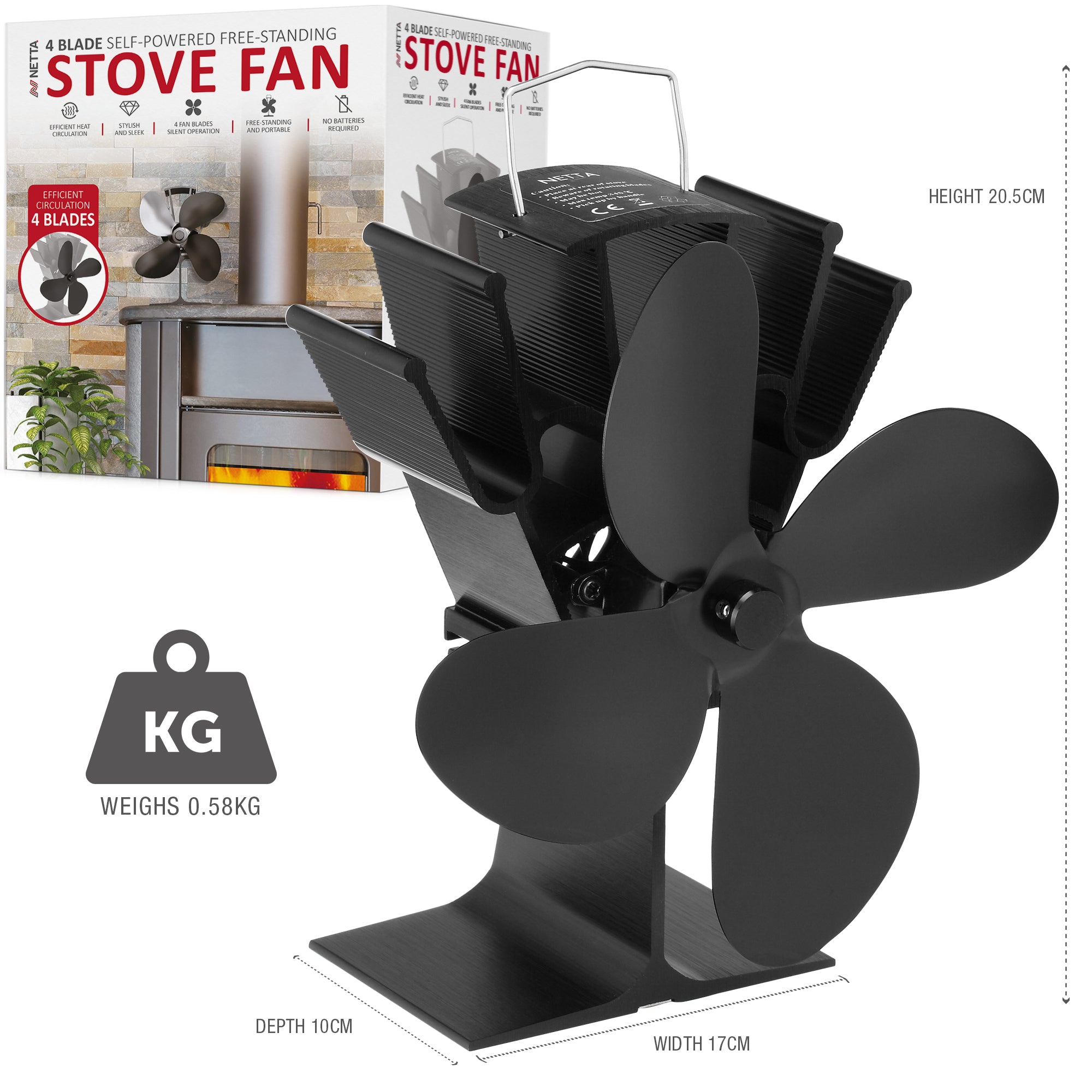 NETTA 4 Blade Heat-Powered Stove Fan - Black