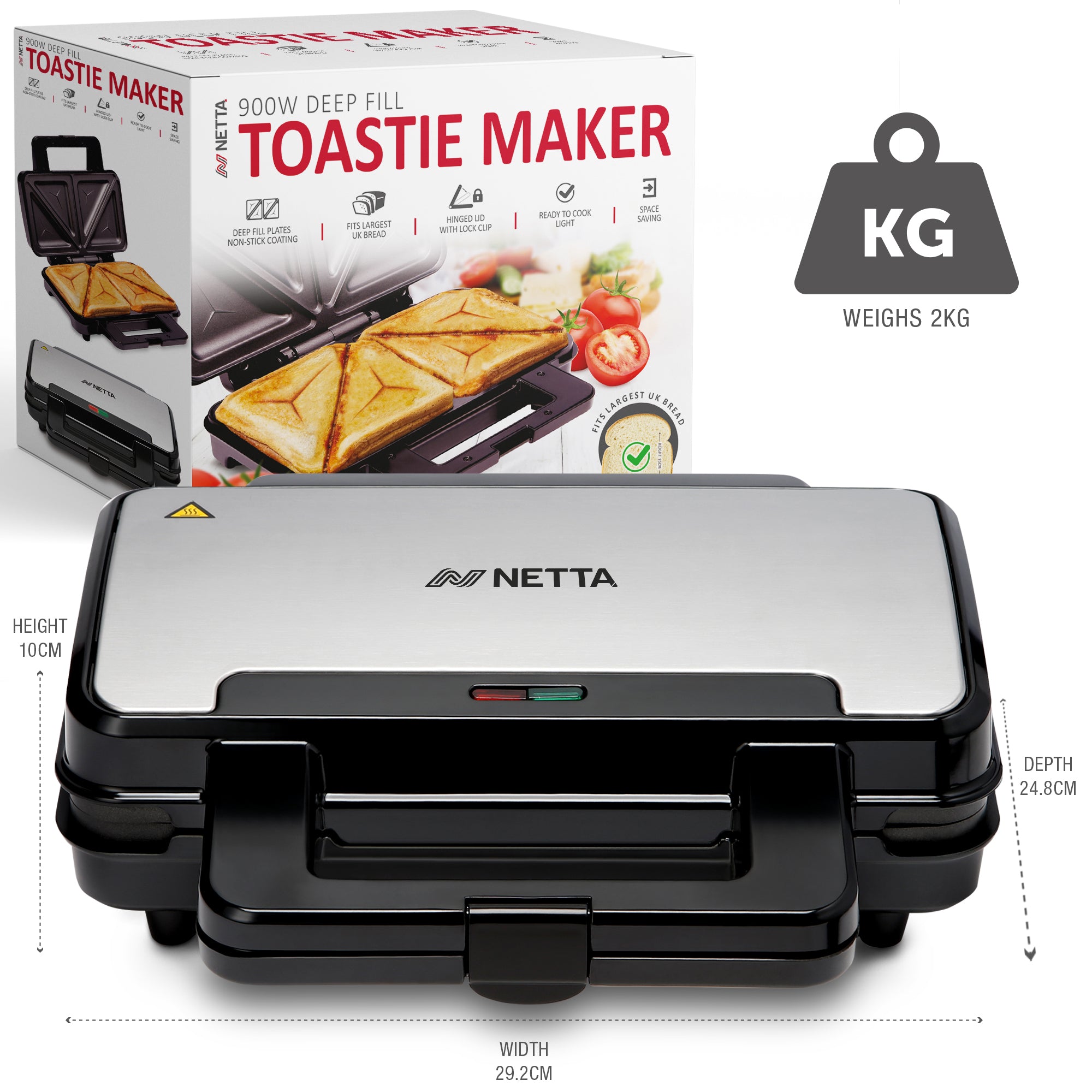 NETTA 900W 2 Slice Deep-Filling Sandwich Toastie Maker