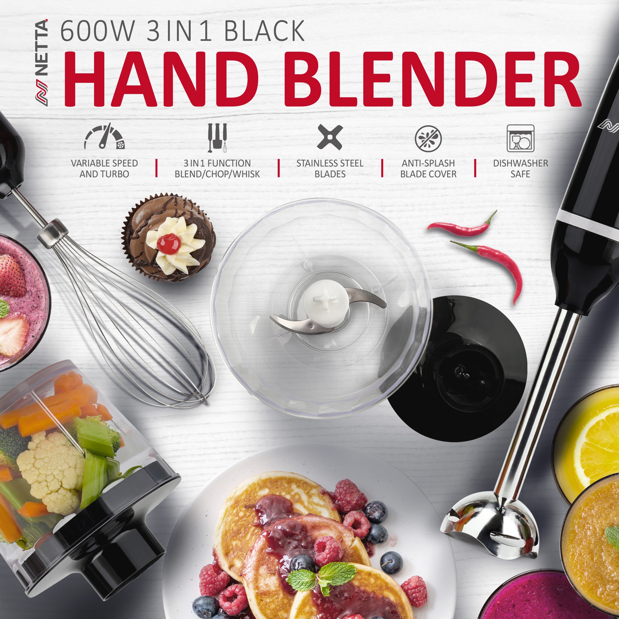 NETTA 3 in 1 Hand Blender with Whisk, Mini Chopper and 700ml Beaker