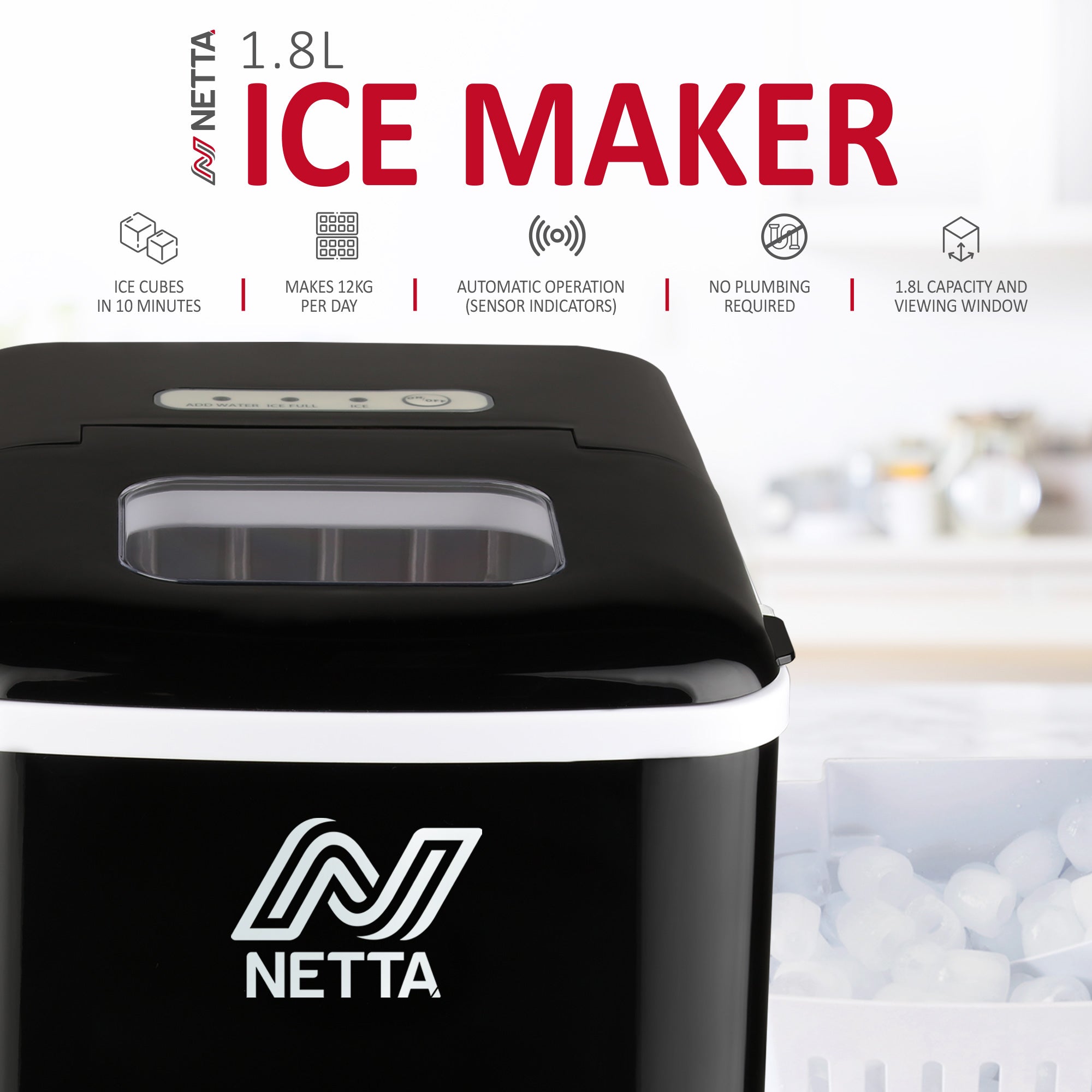 NETTA Ice Maker Machine with 1.8L Tank - Makes 12KG of Ice per Day - Black