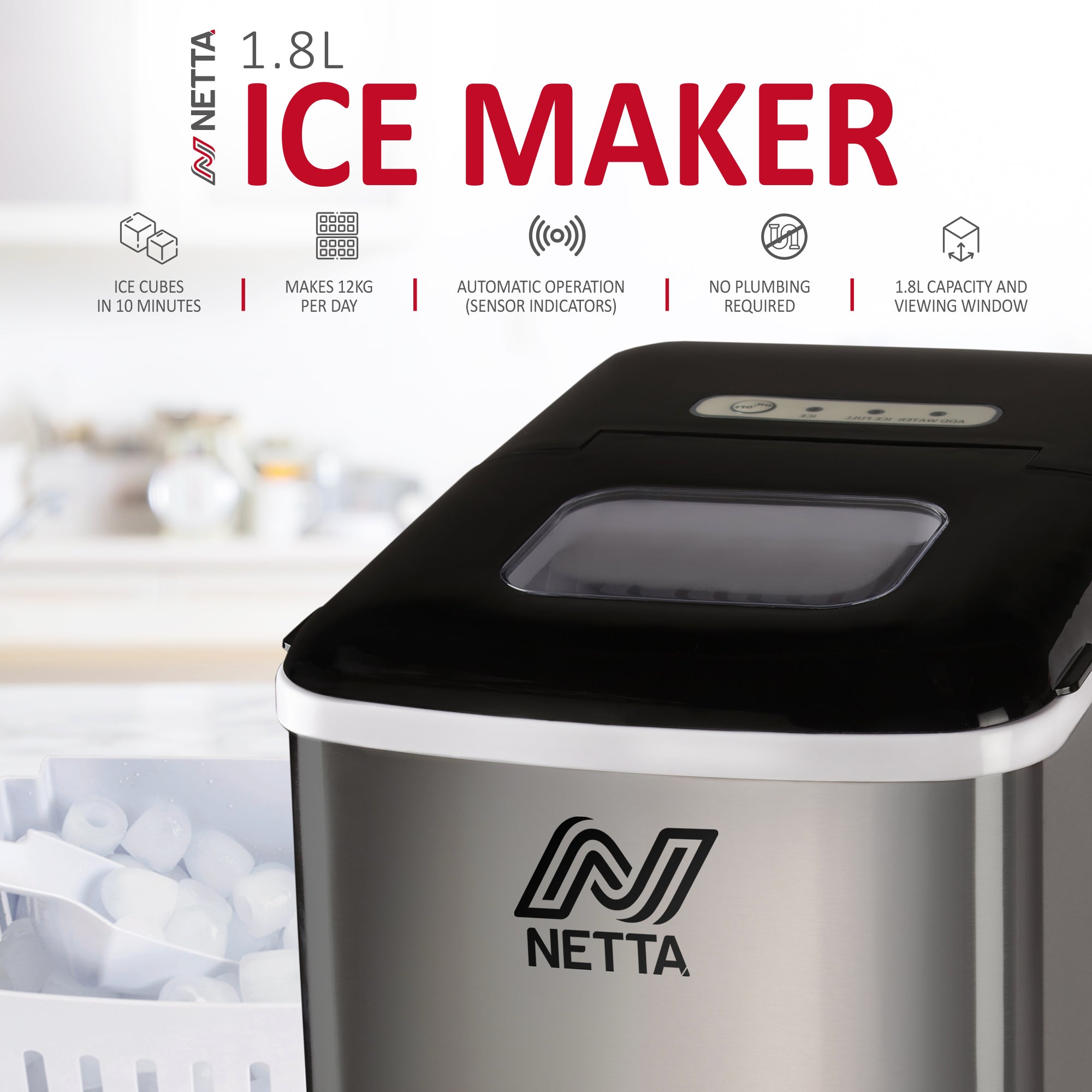 NETTA Ice Maker Machine with 1.8L Tank - Makes 12KG of Ice per Day - Stainless Steel