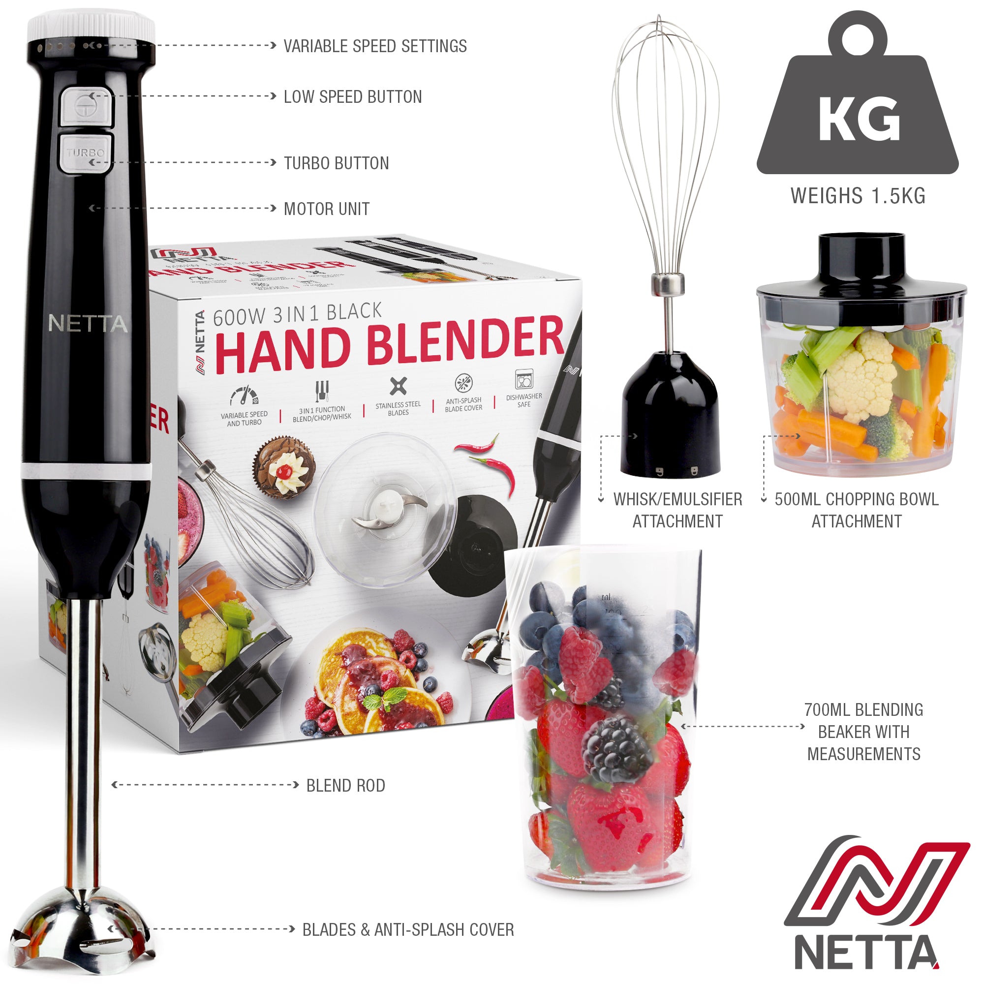 NETTA 3 in 1 Hand Blender with Whisk, Mini Chopper and 700ml Beaker