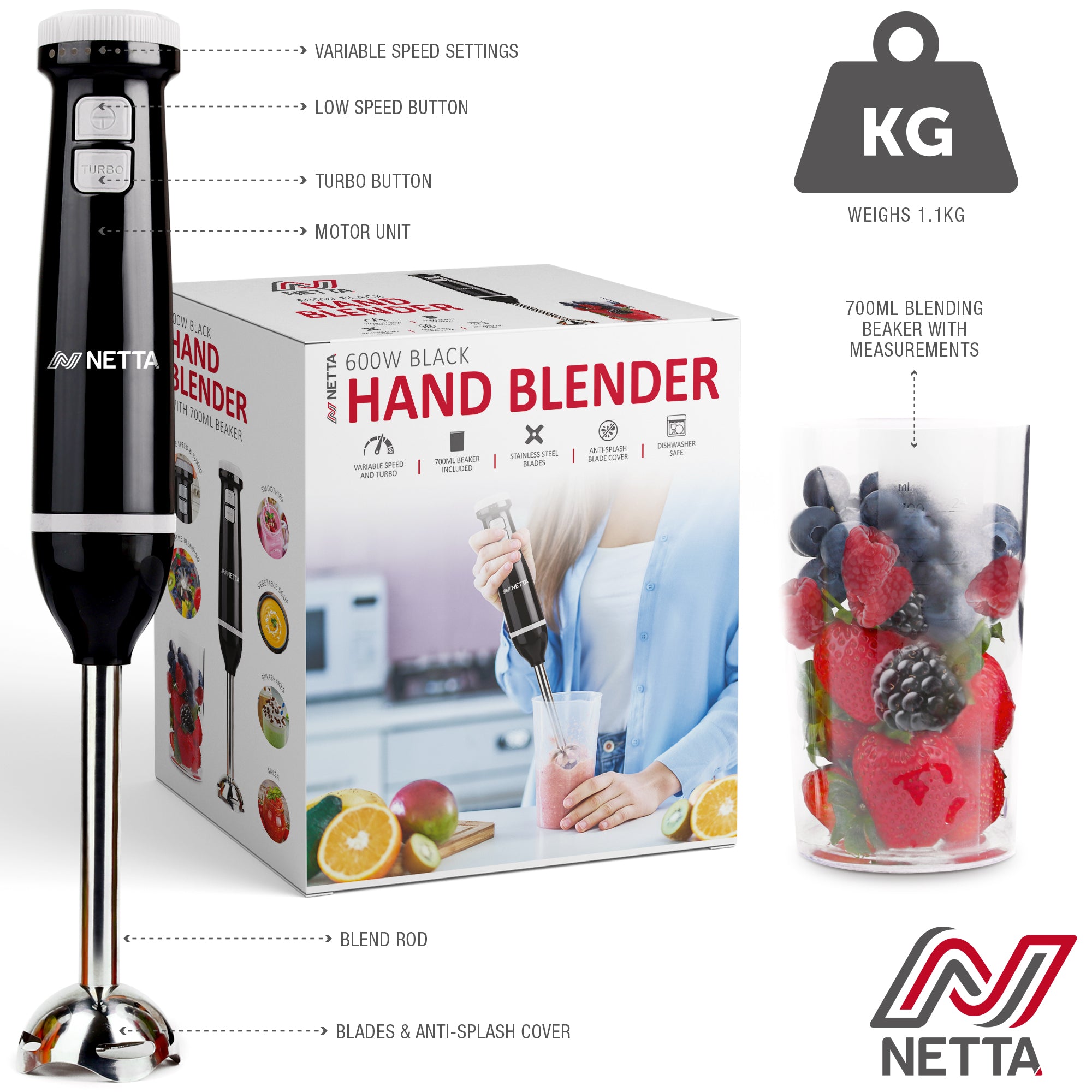 NETTA Hand Blender with 700ml Beaker