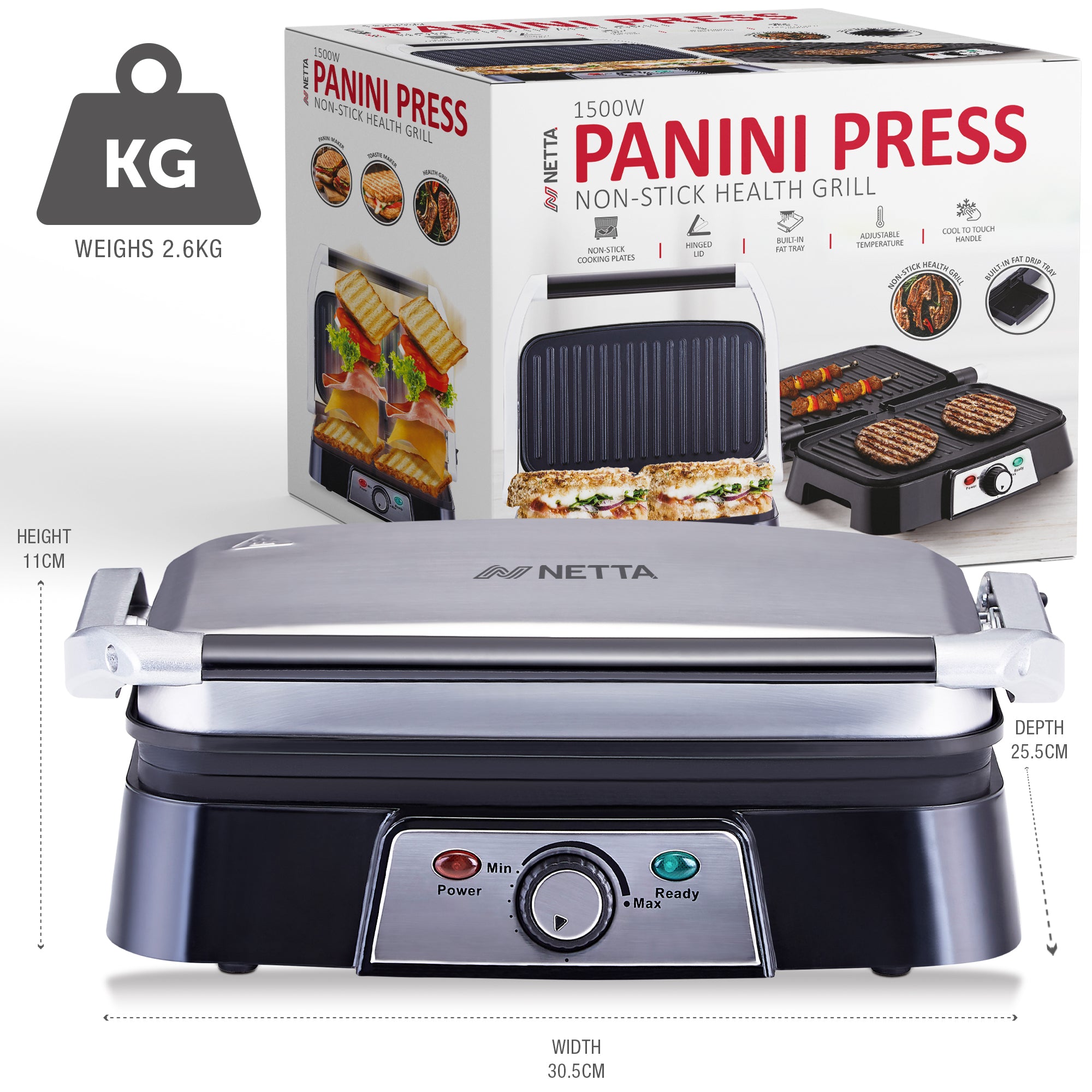 NETTA 1500W 2-Slice Panini Maker & Health Grill