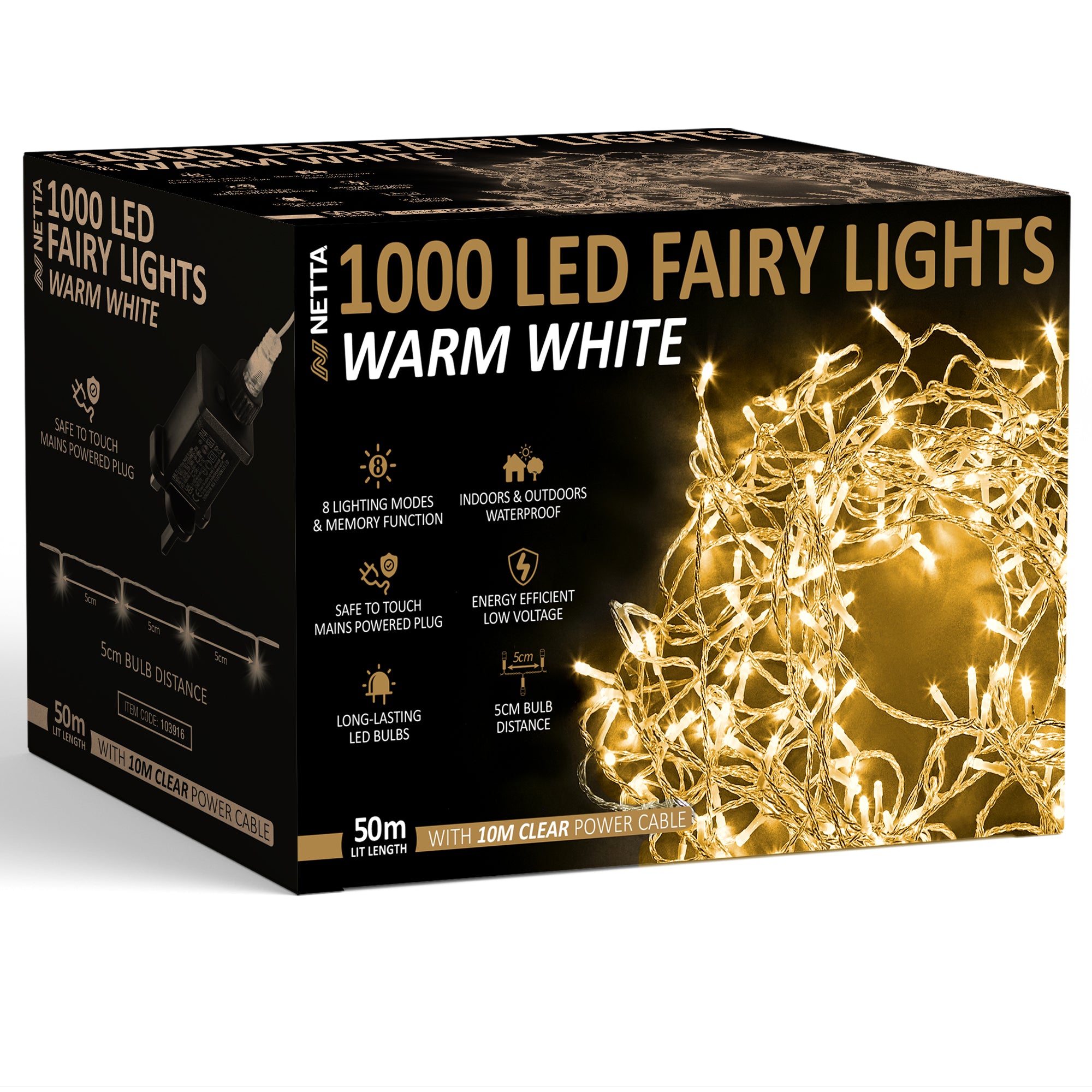 NETTA 1000 LED Fairy String Lights - Warm White, Clear Cable