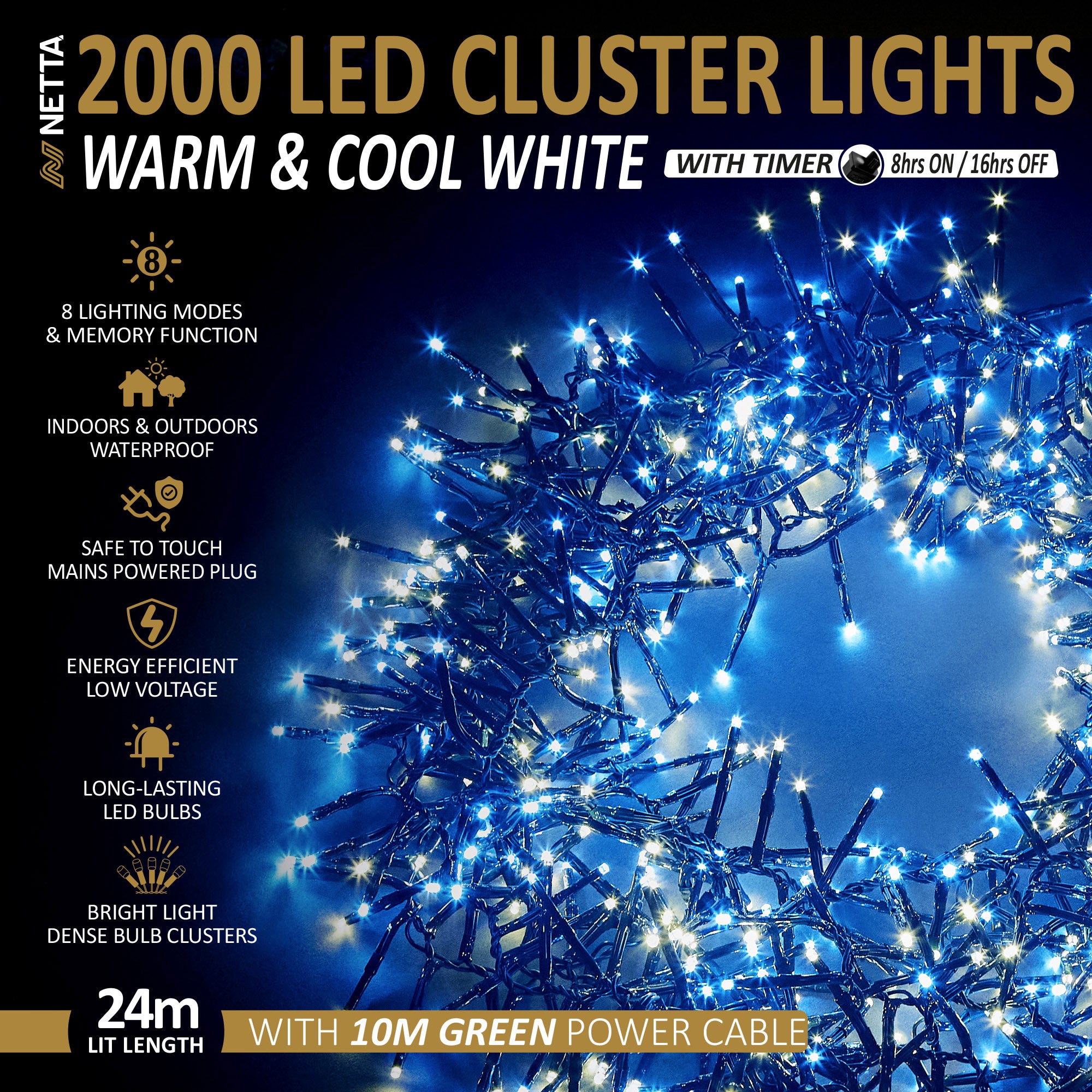 NETTA Plug-In LED 12M Cluster String Lights Outdoor and Indoor