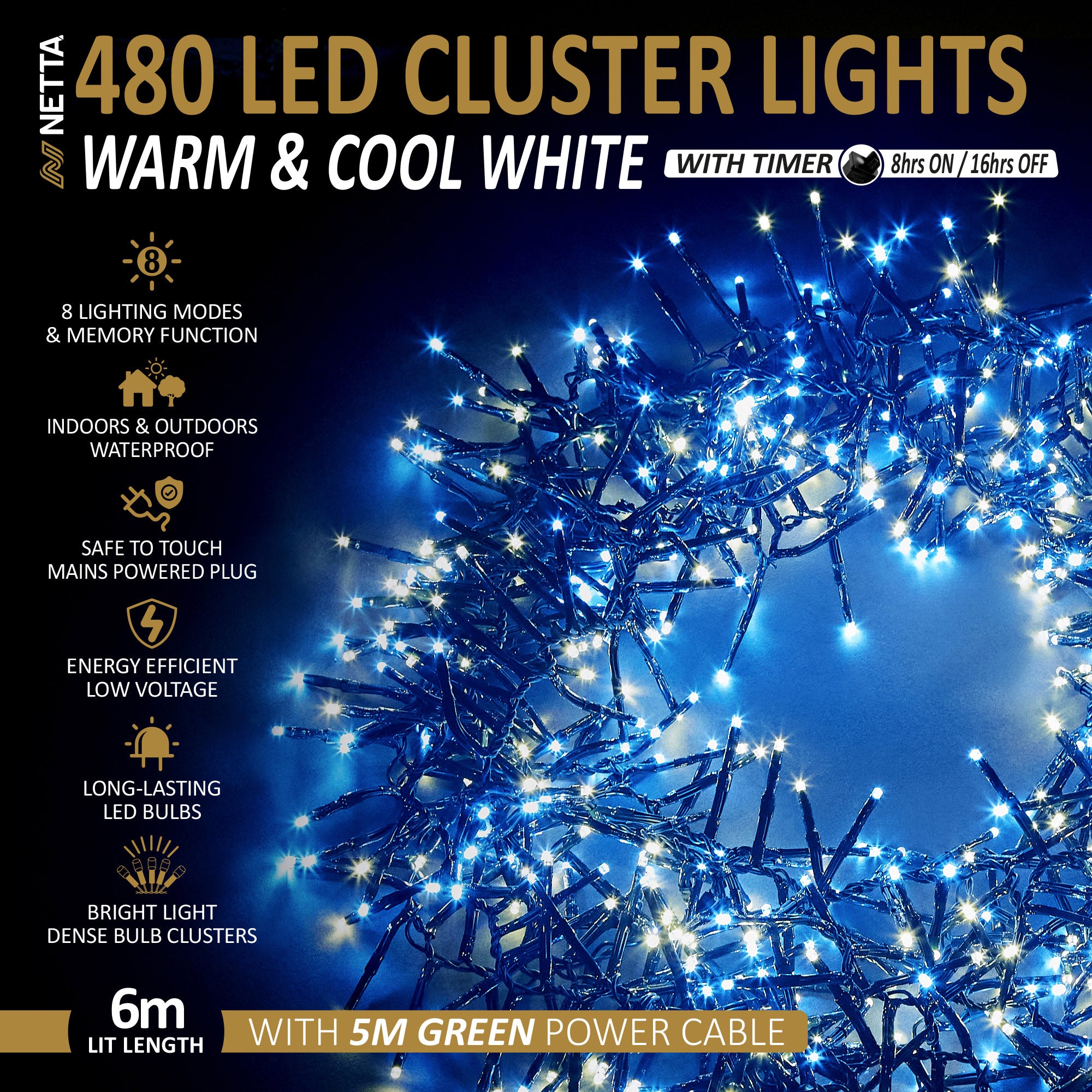 NETTA Plug-In LED 12M Cluster String Lights Outdoor and Indoor