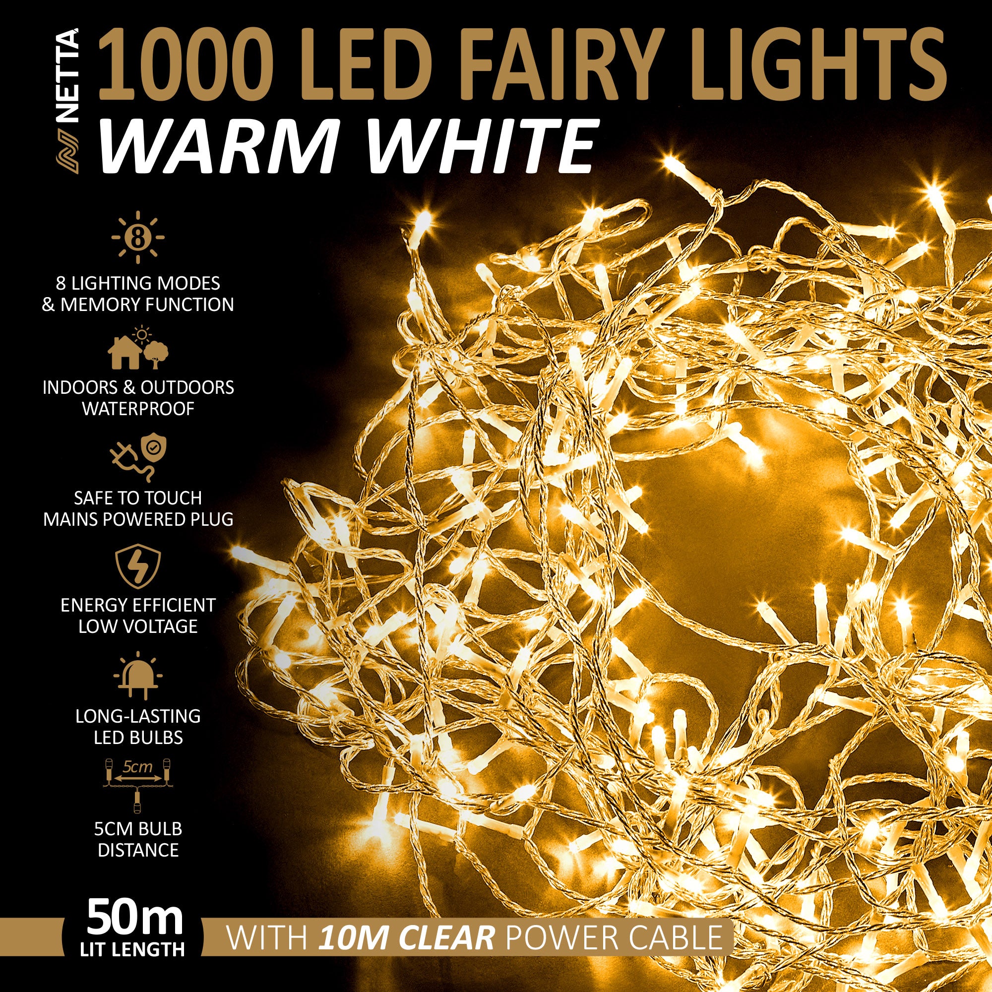 NETTA 1000 LED Fairy String Lights - Warm White, Clear Cable