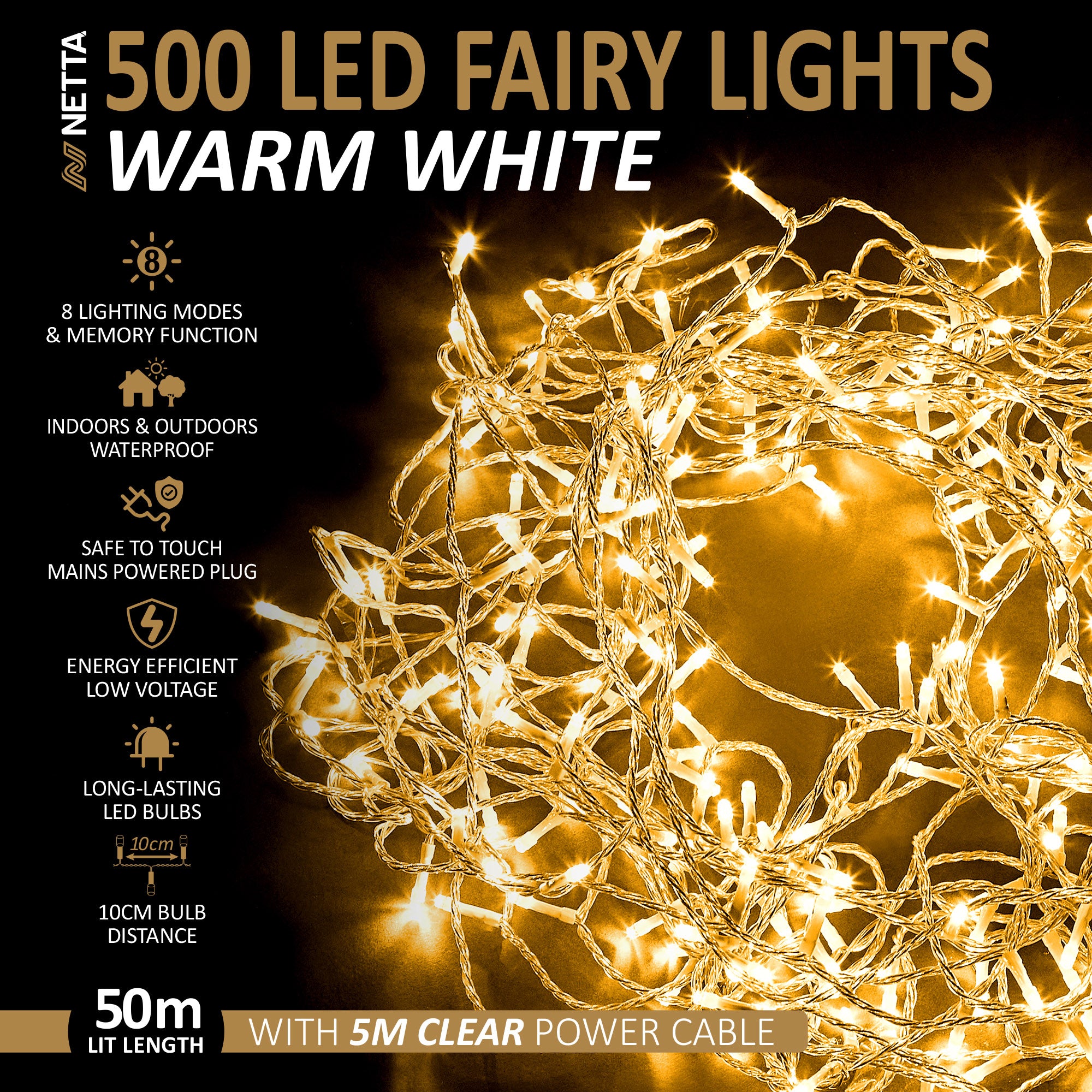 NETTA 500 LED Fairy String Lights - Warm White, Clear Cable