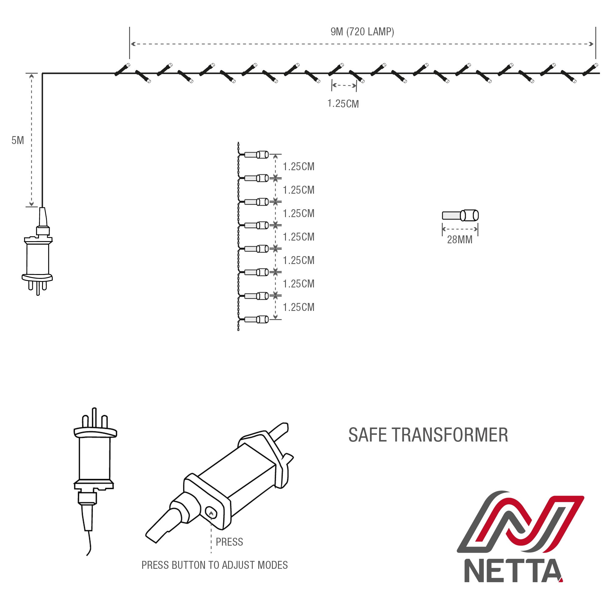 NETTA Plug-In LED 12M Cluster String Lights Outdoor and Indoor
