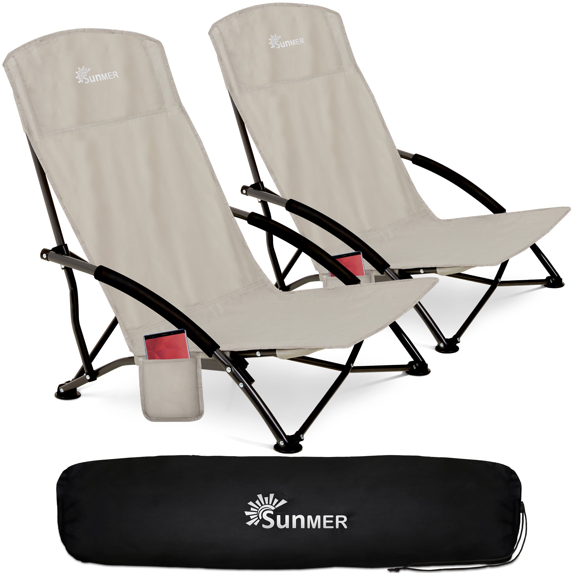 SUNMER Set of 2 Folding Beach Chairs with Side Pocket & Carry Bag