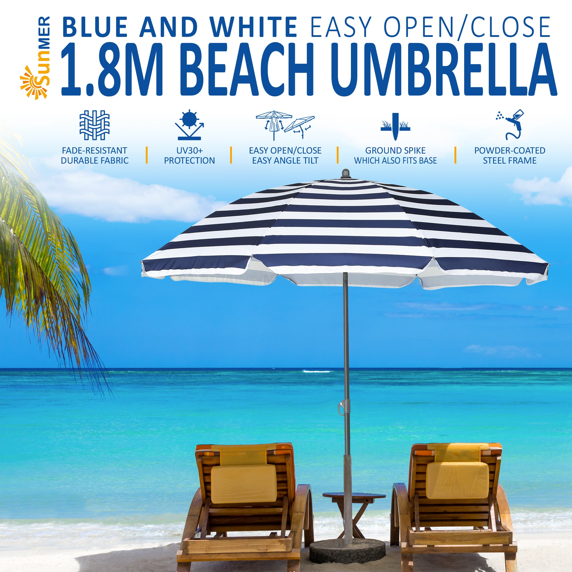 SUNMER 1.8m Beach Parasol with Tilt - Navy & White