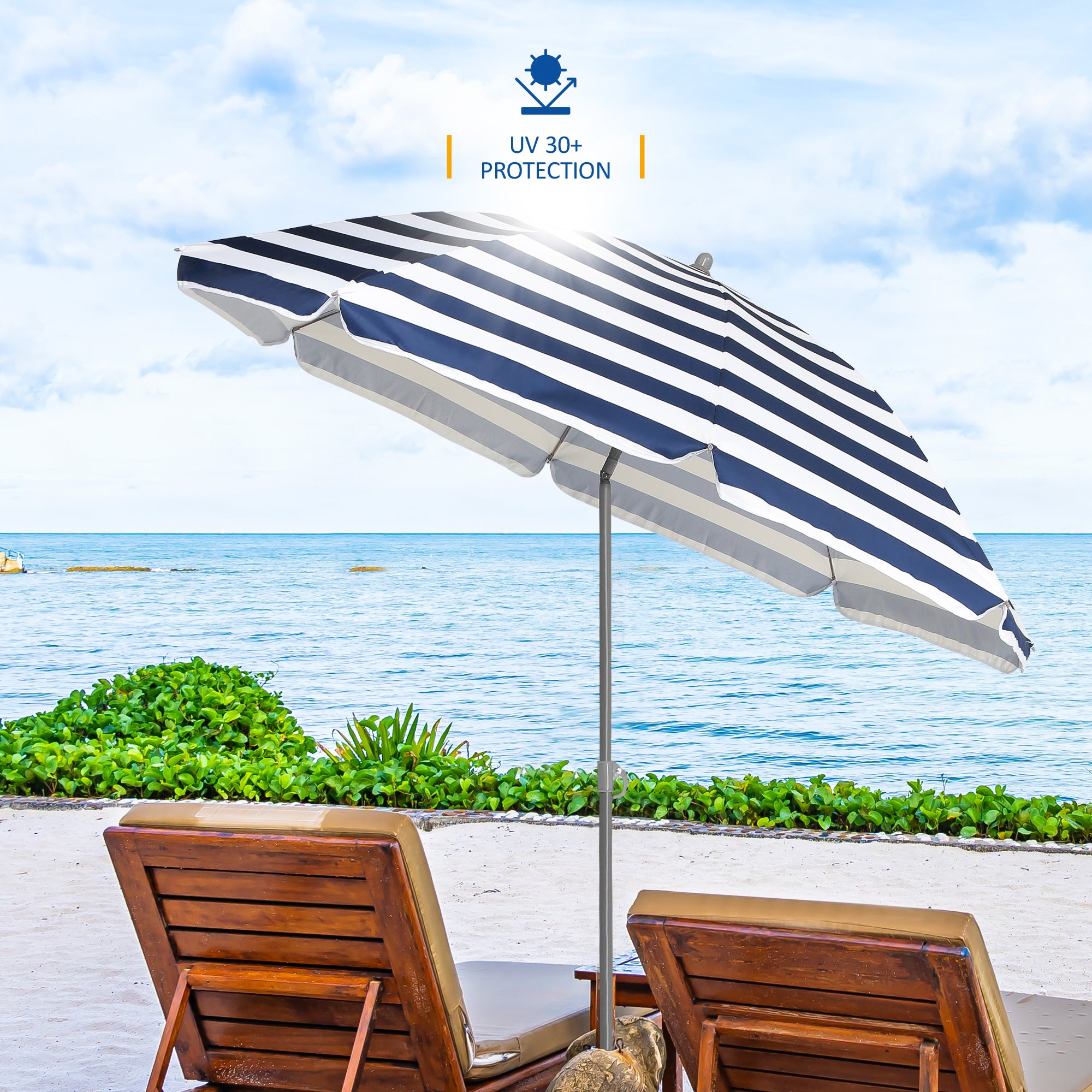 SUNMER 1.8m Beach Parasol with Tilt - Navy & White