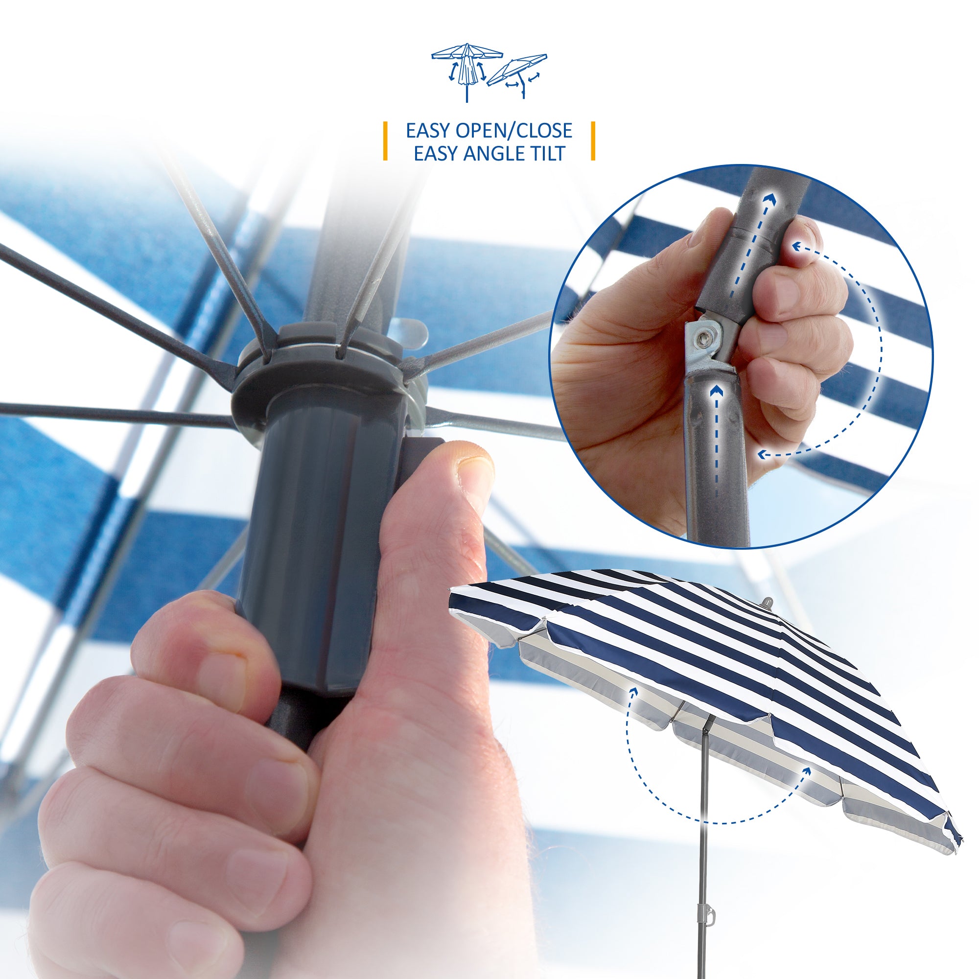 SUNMER 1.8m Beach Parasol with Tilt - Navy & White