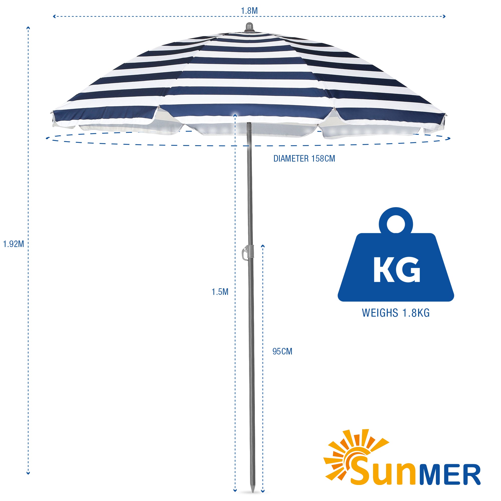 SUNMER 1.8m Beach Parasol with Tilt - Navy & White