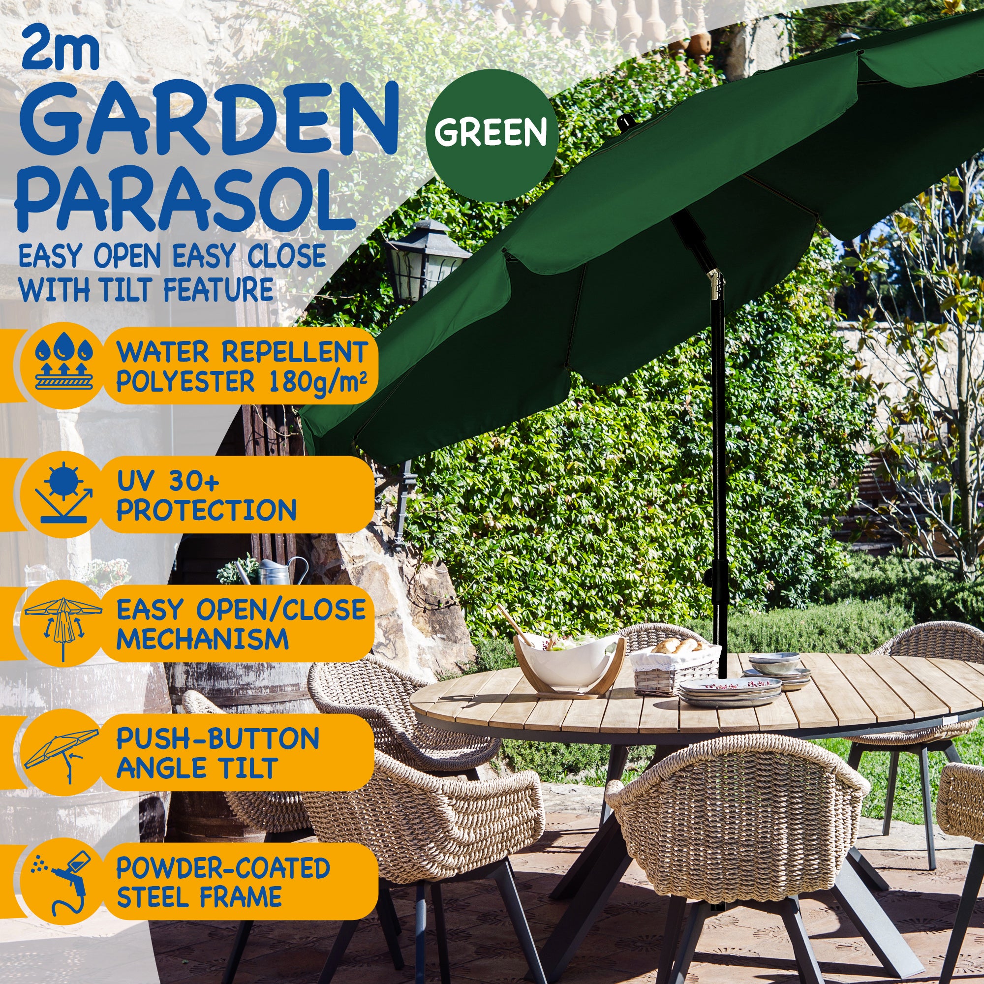 SUNMER 2M Steel Parasol with Tilt - Green