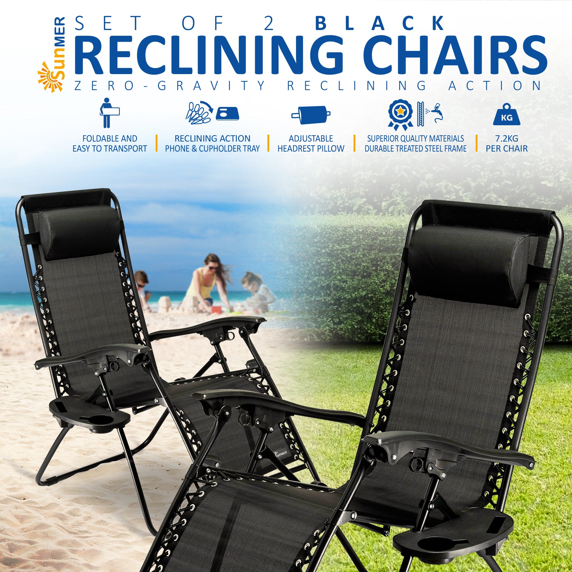 SUNMER Set of 2 Sun Lounger Garden Chairs With Cup And Phone Holder - Black