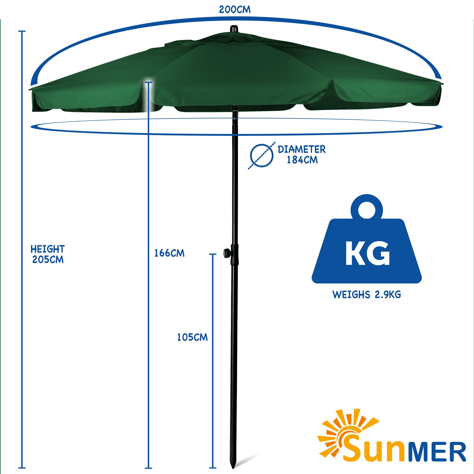 SUNMER 2M Steel Parasol with Tilt - Green