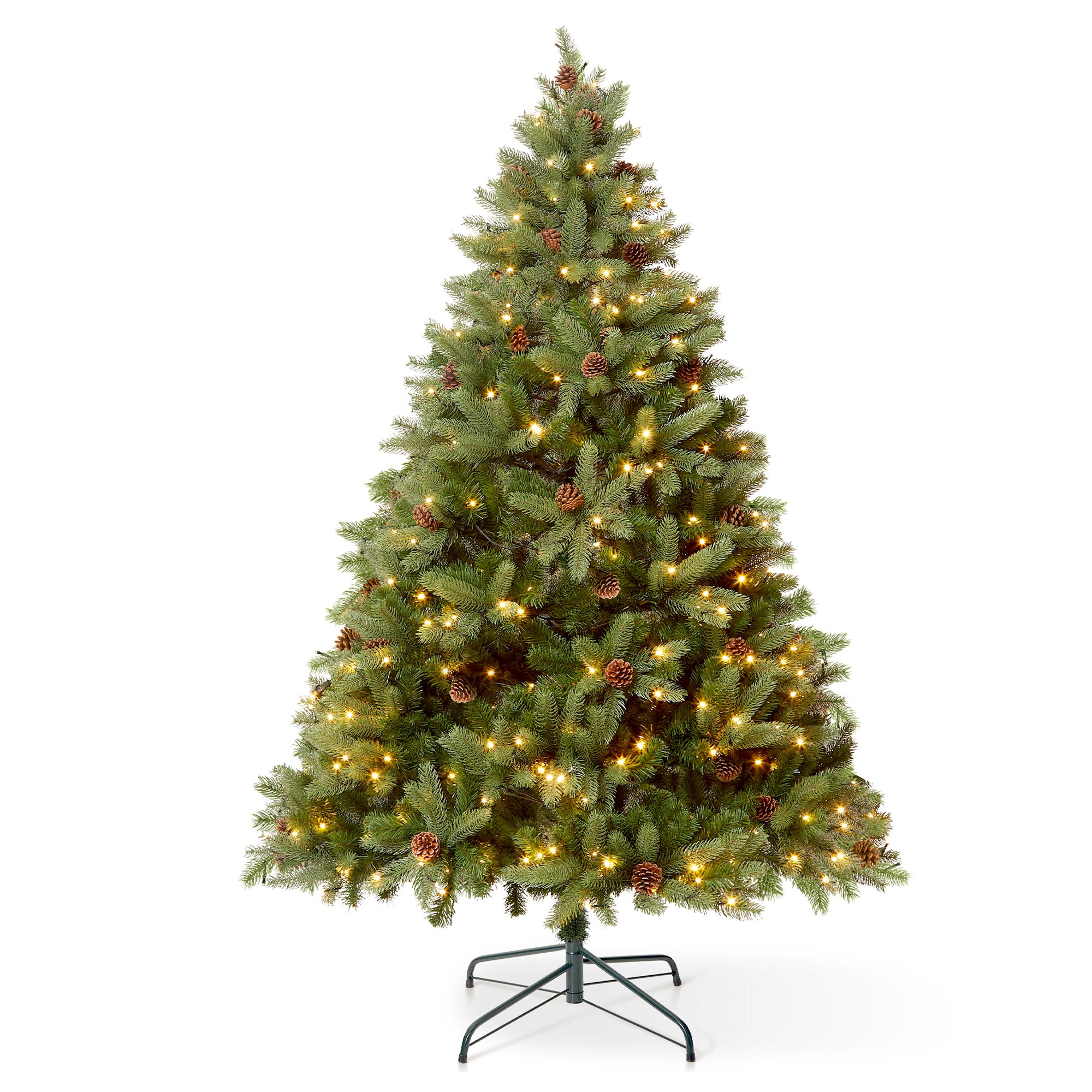 VeryMerry 7FT 'Ascot' Pre-Lit Christmas Tree with 400 Built-In Warm White LED Lights with Auto-Off Timer, 8 Lighting Modes and Real Decorative Pinecones