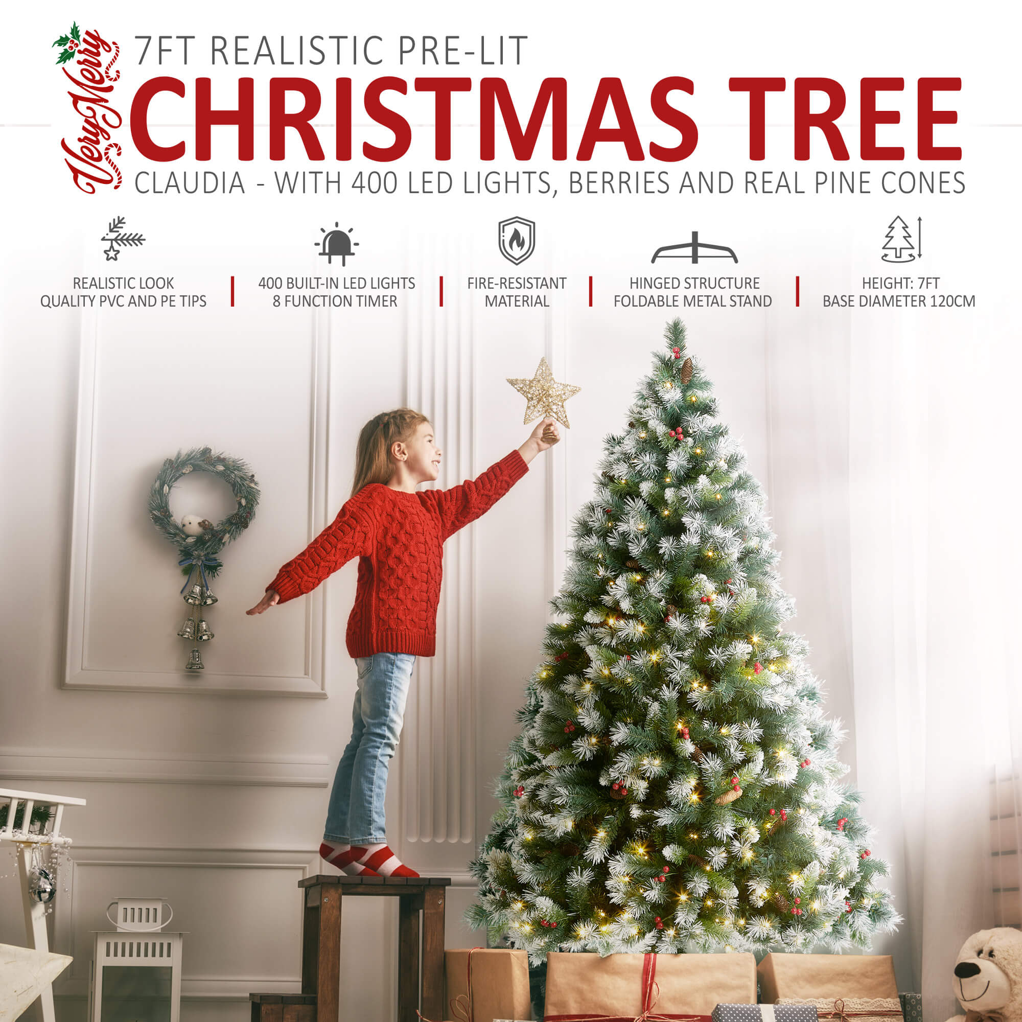 VeryMerry 'Claudia' Pre-Lit Christmas Tree with Built-In Warm White LED Lights with Auto-Off Timer, 8 Lighting Modes, Decorative Pinecones and Berries