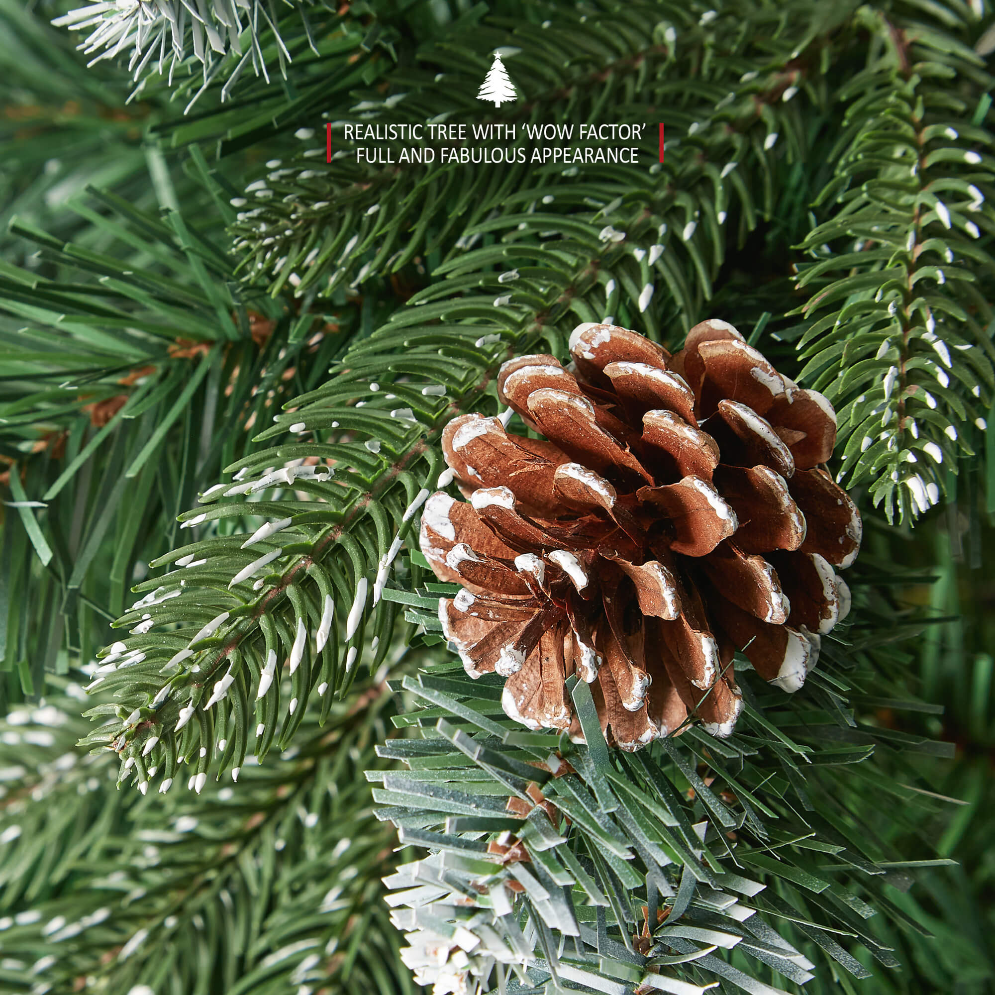 VeryMerry Glacier Snowy Christmas Tree with Real Frosted Pinecones, Foldable Metal Stand, Snow Flocked Artificial Tree PVC and PE Tips