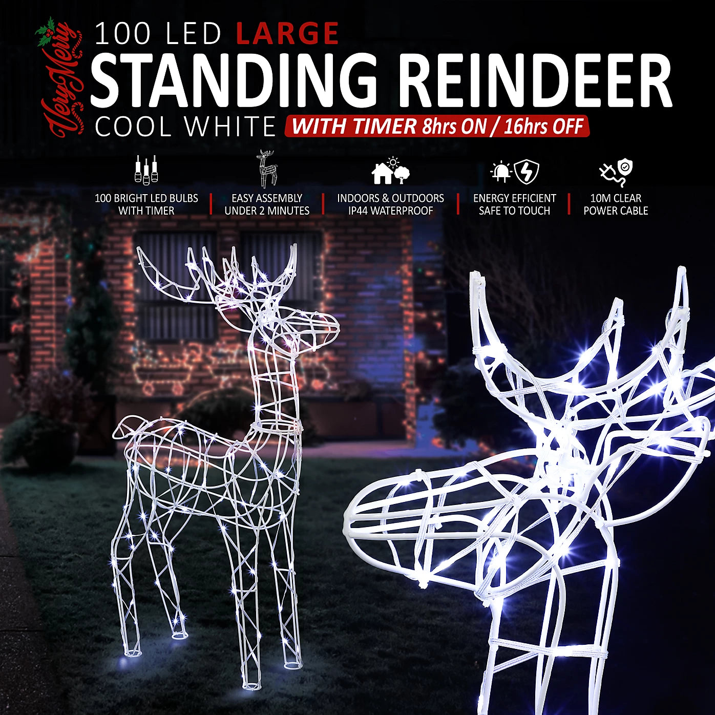 VeryMerry Pre-Lit Large 85cm Reindeer with 100 LED, Auto-Off Timer, Christmas Decoration