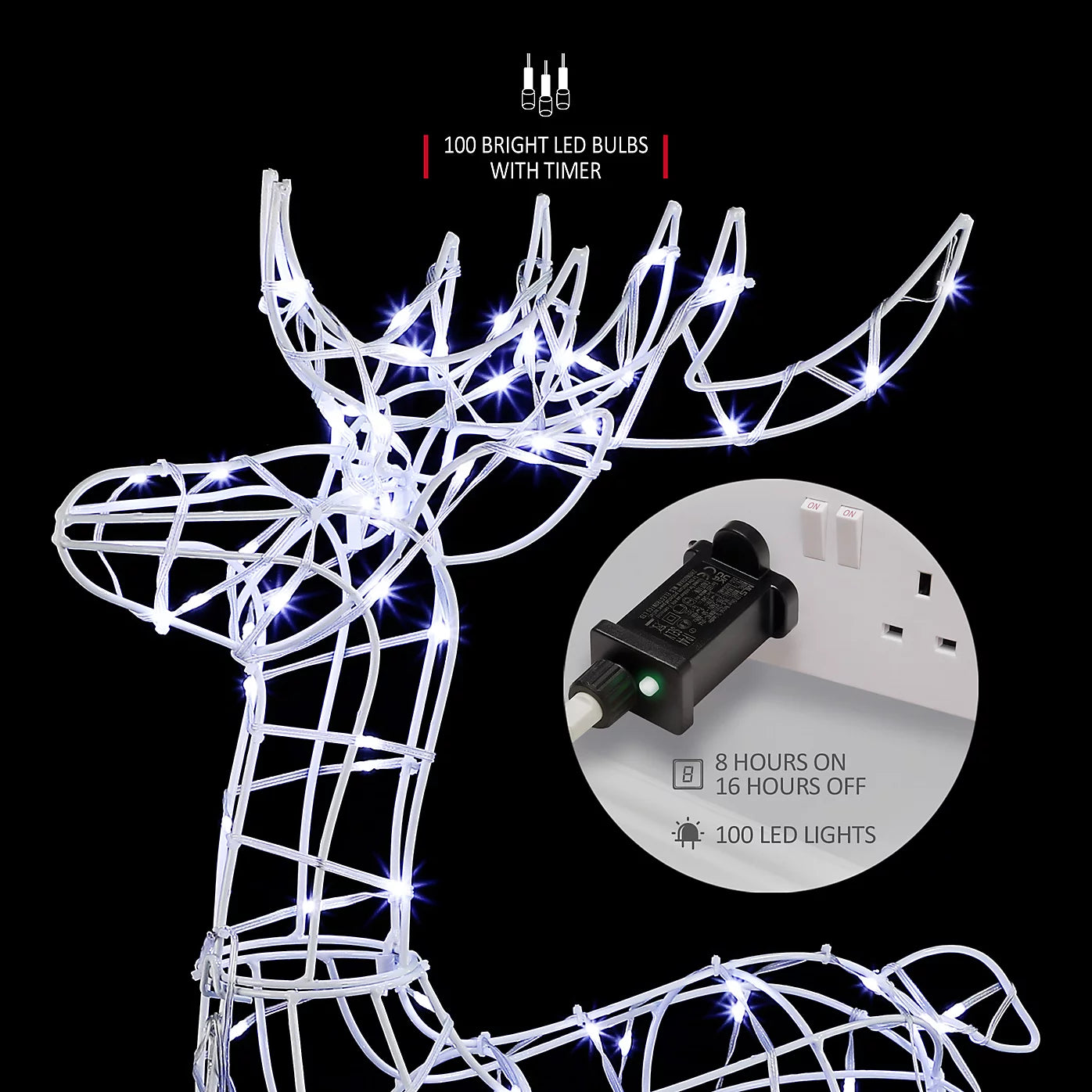 VeryMerry Pre-Lit Large 85cm Reindeer with 100 LED, Auto-Off Timer, Christmas Decoration