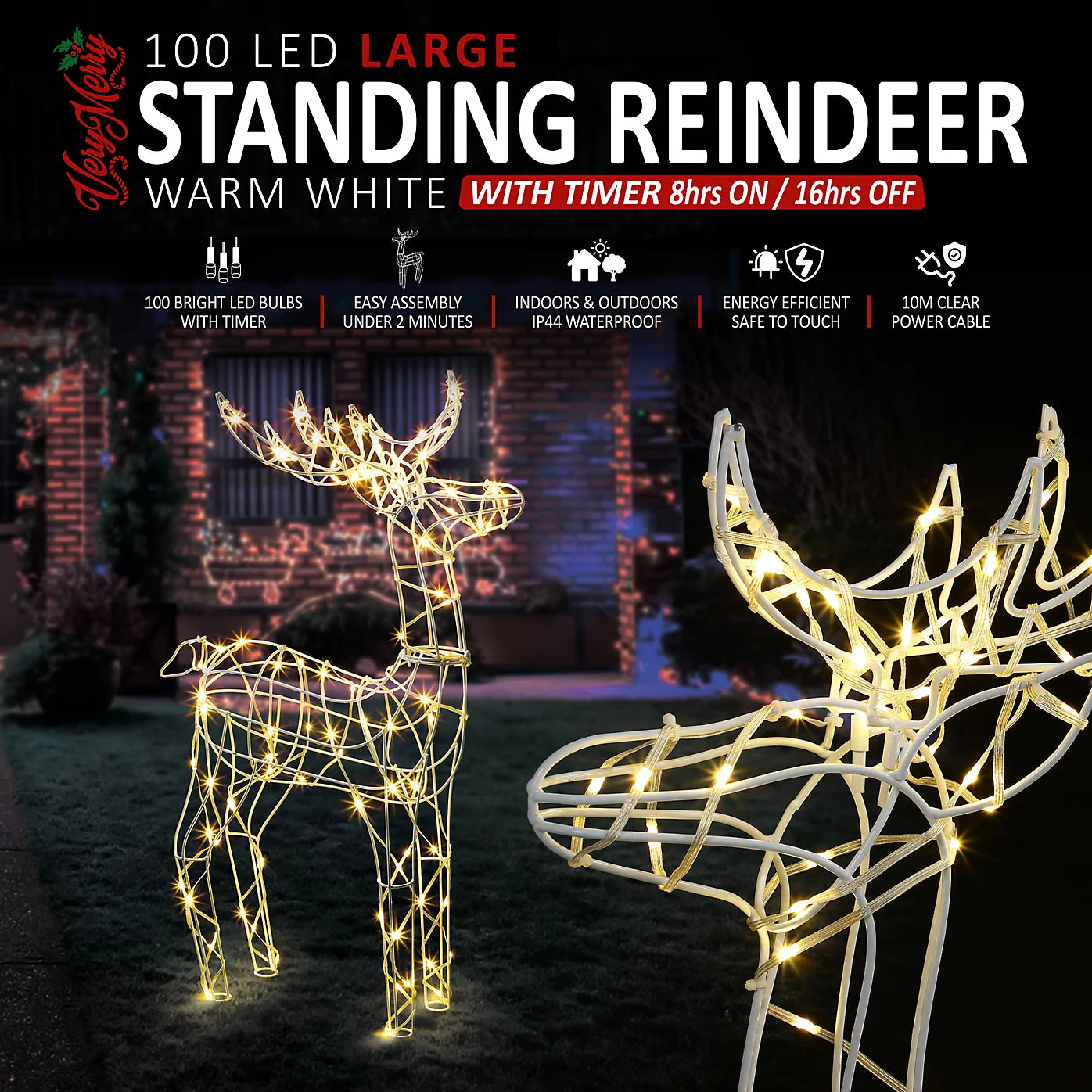 VeryMerry Pre-Lit Large 85cm Reindeer with 100 LED, Auto-Off Timer, Christmas Decoration