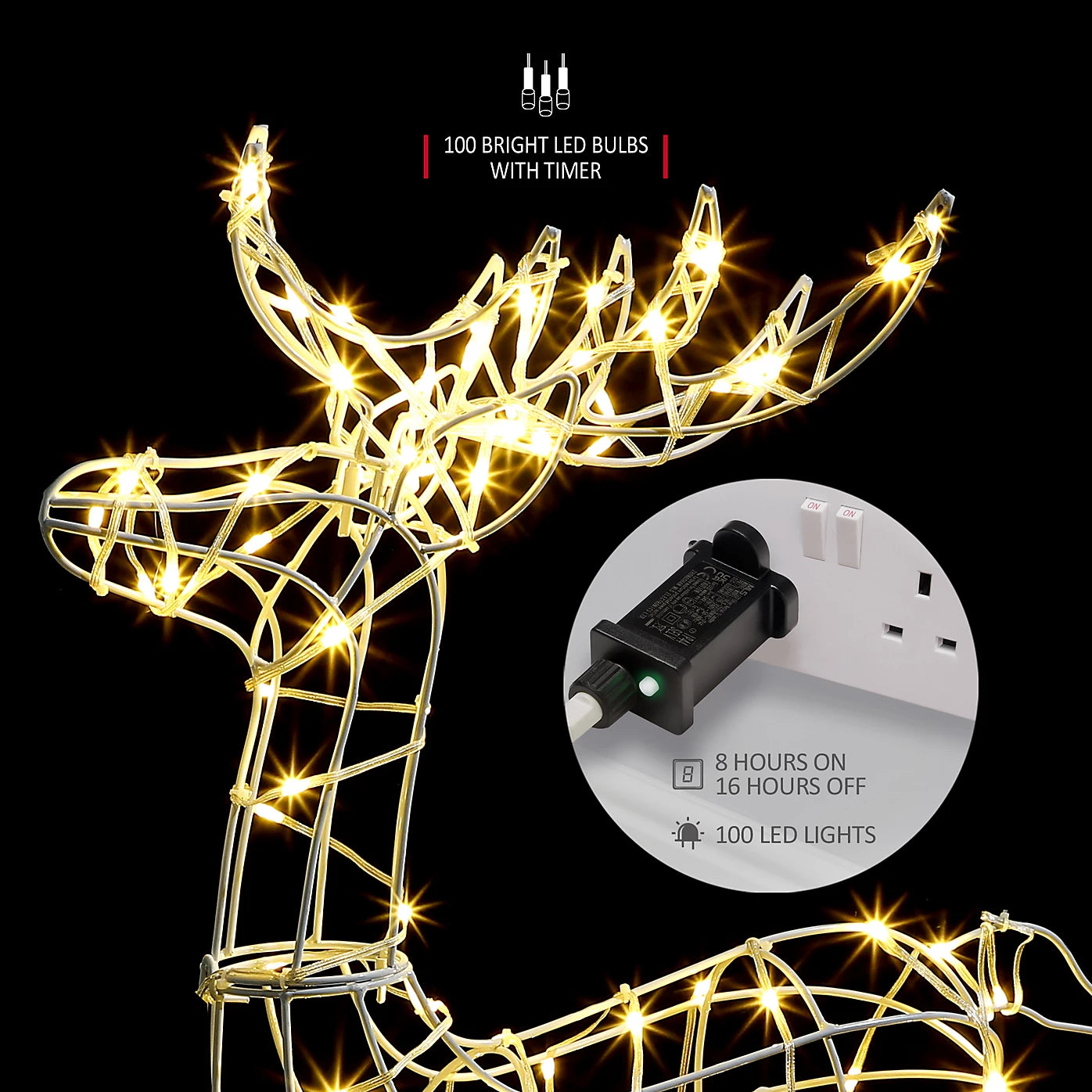 VeryMerry Pre-Lit Large 85cm Reindeer with 100 LED, Auto-Off Timer, Christmas Decoration