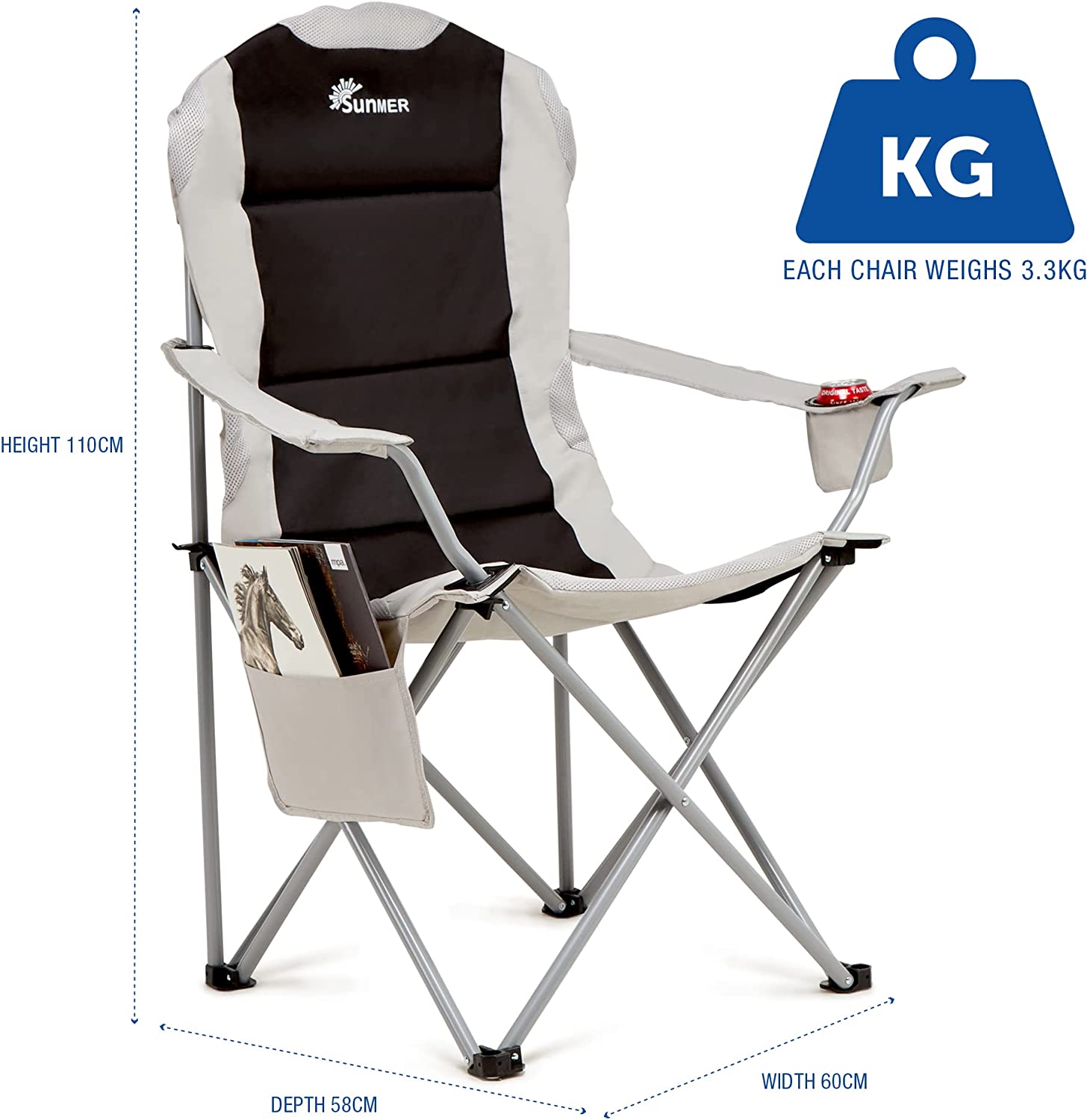 SUNMER Folding Padded Camping Chair - Black & Grey