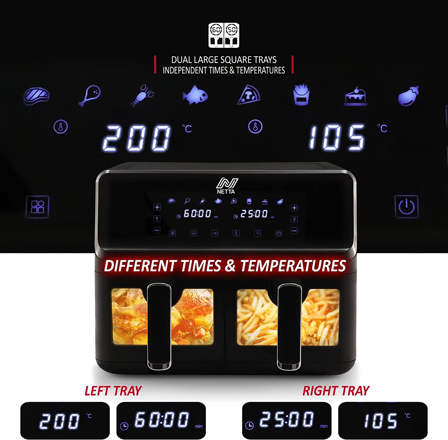 NETTA 8L Dual Basket Low Energy Air Fryer with Digital Smart Programmes