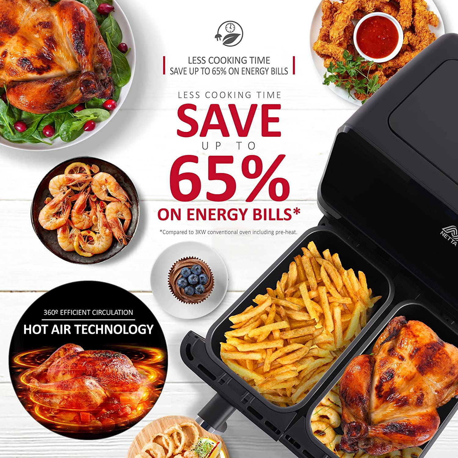 NETTA 8L Dual Basket Low Energy Air Fryer with Digital Smart Programmes