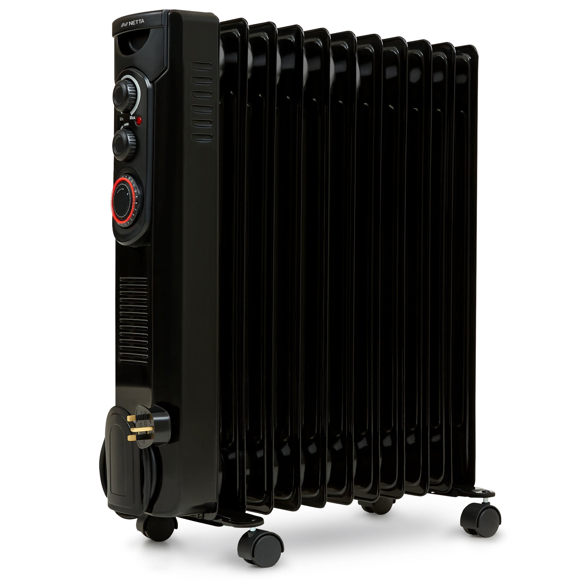 NETTA Oil Filled Radiator 2500W Portable Electric Heater with Thermostat & 24 Hour Timer ?€? 11 Fin, Black