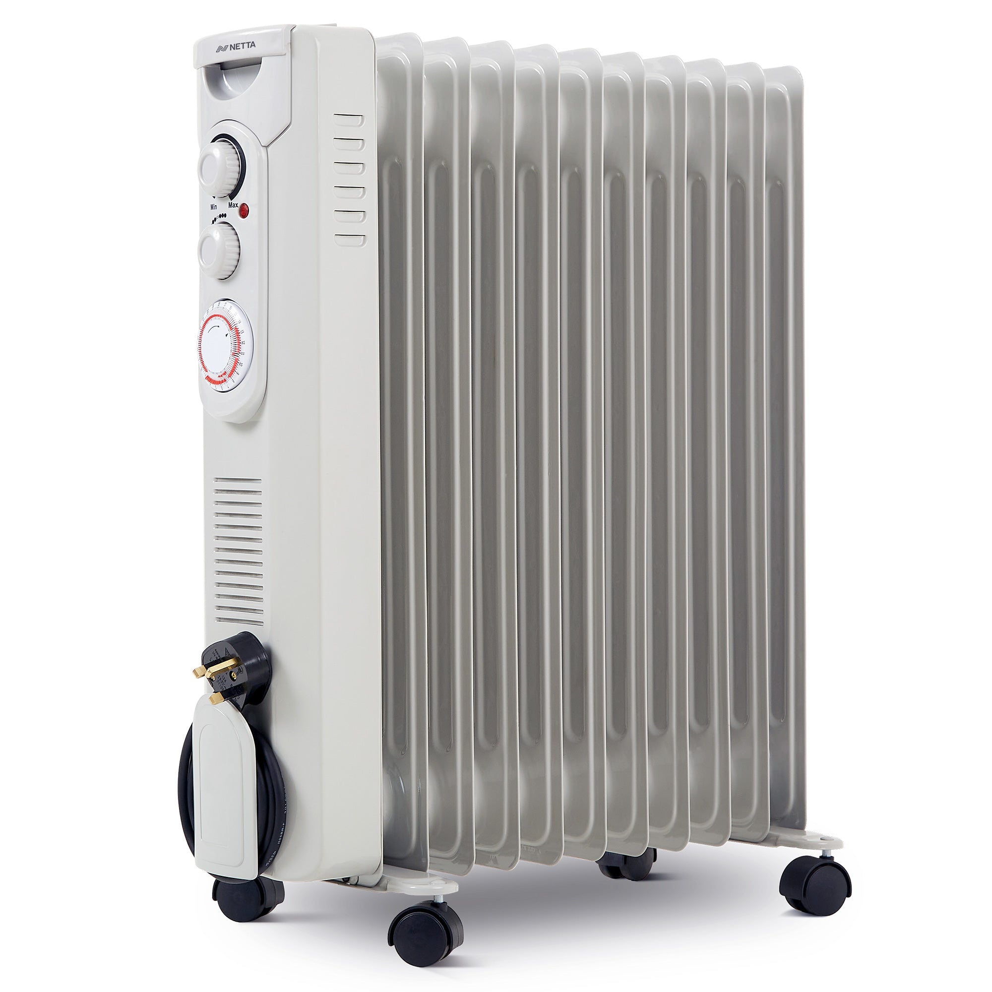 NETTA Oil Filled Radiator 2500W Portable Electric Heater with Thermostat & 24 Hour Timer ?€? 11 Fin, Grey