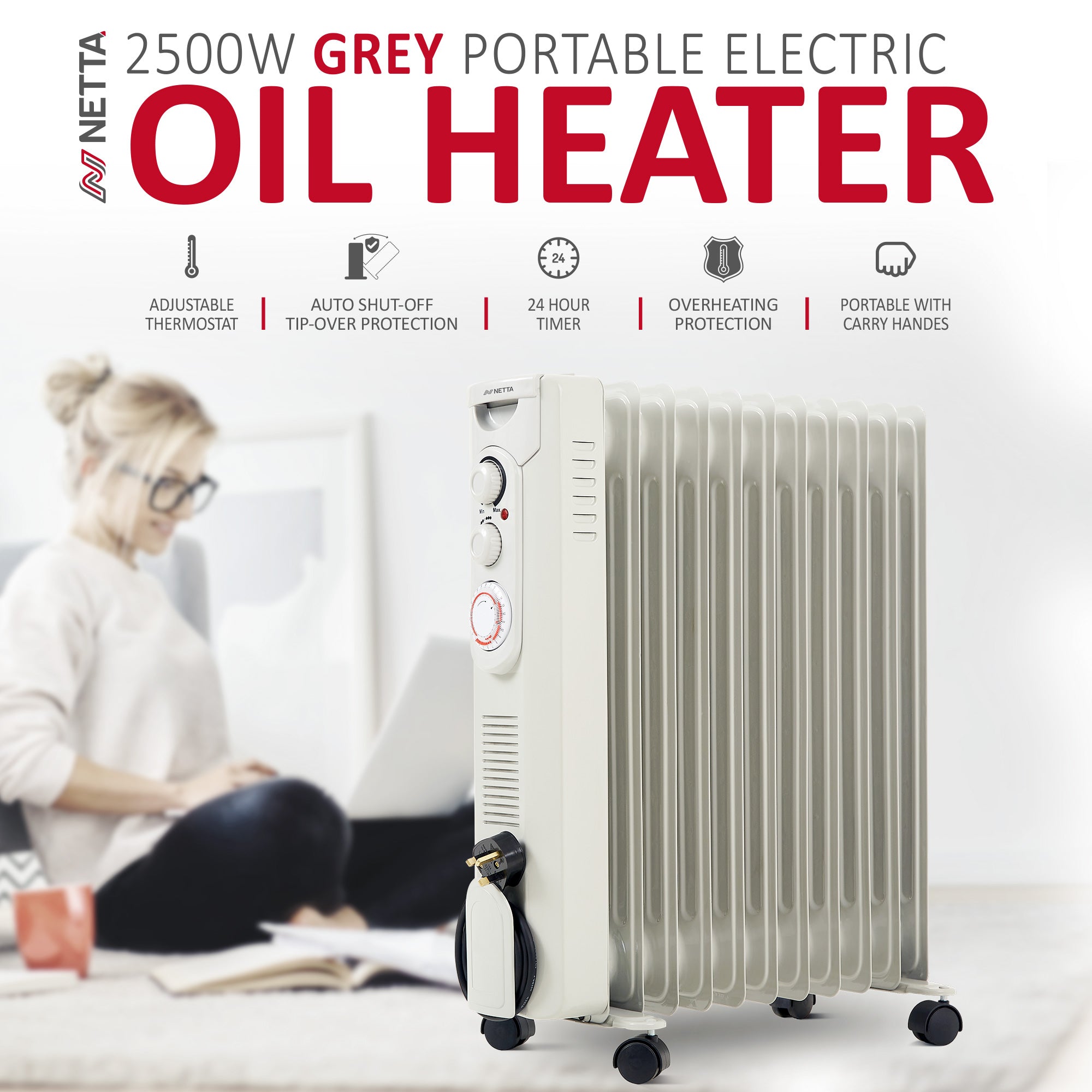 NETTA Oil Filled Radiator 2500W Portable Electric Heater with Thermostat & 24 Hour Timer ?€? 11 Fin, Grey