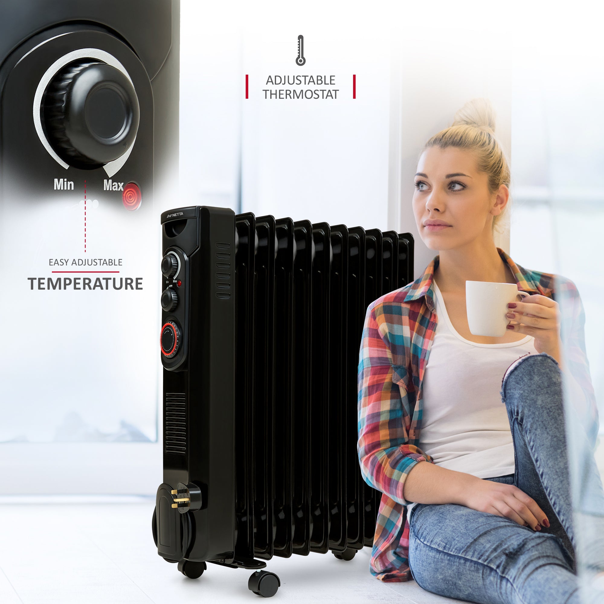 NETTA Oil Filled Radiator 2500W Portable Electric Heater with Thermostat & 24 Hour Timer ?€? 11 Fin, Black